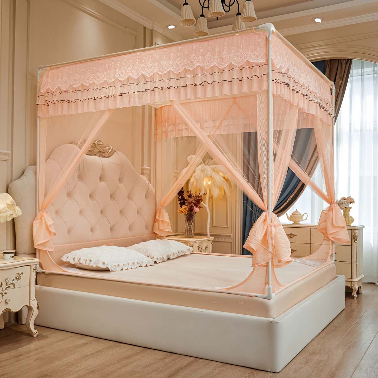 91家纺网 家纺一手货源 找家纺 艺利轩蚊帐 2026新款双层花边三开门坐床蚊帐 浅海之梦-玉色