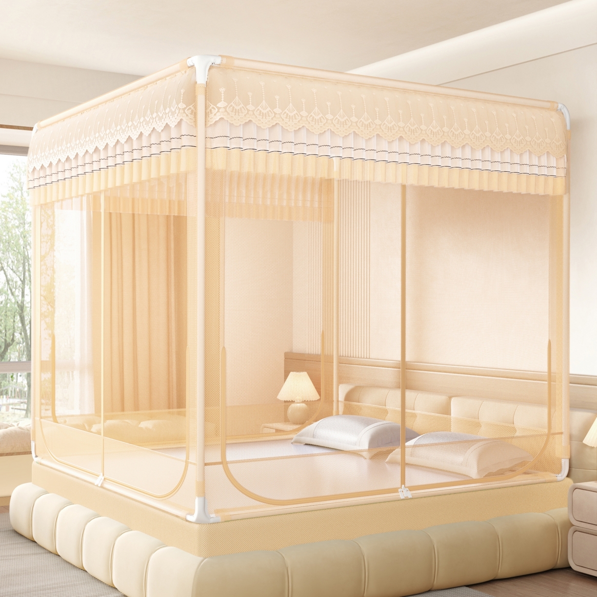 91家纺网 家纺一手货源 找家纺 艺利轩蚊帐 2026新款双层花边三开门坐床蚊帐 浅海之梦-香槟色