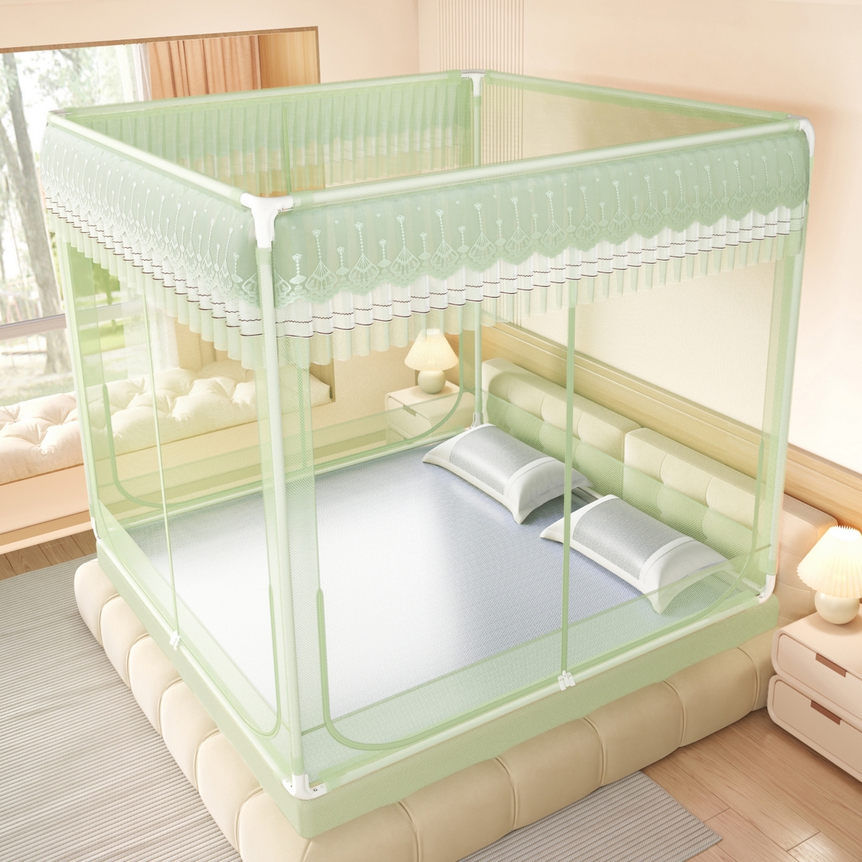 91家纺网 家纺一手货源 找家纺 艺利轩蚊帐 2026新款双层花边三开门坐床蚊帐 浅海之梦-绿色