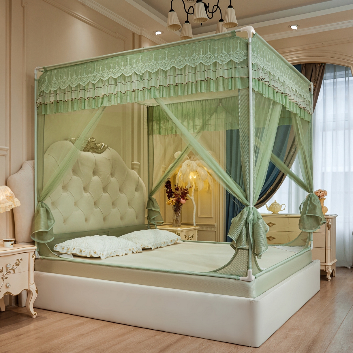 91家纺网 家纺一手货源 找家纺 艺利轩蚊帐 2026新款双层花边三开门坐床蚊帐 浅海之梦-绿色