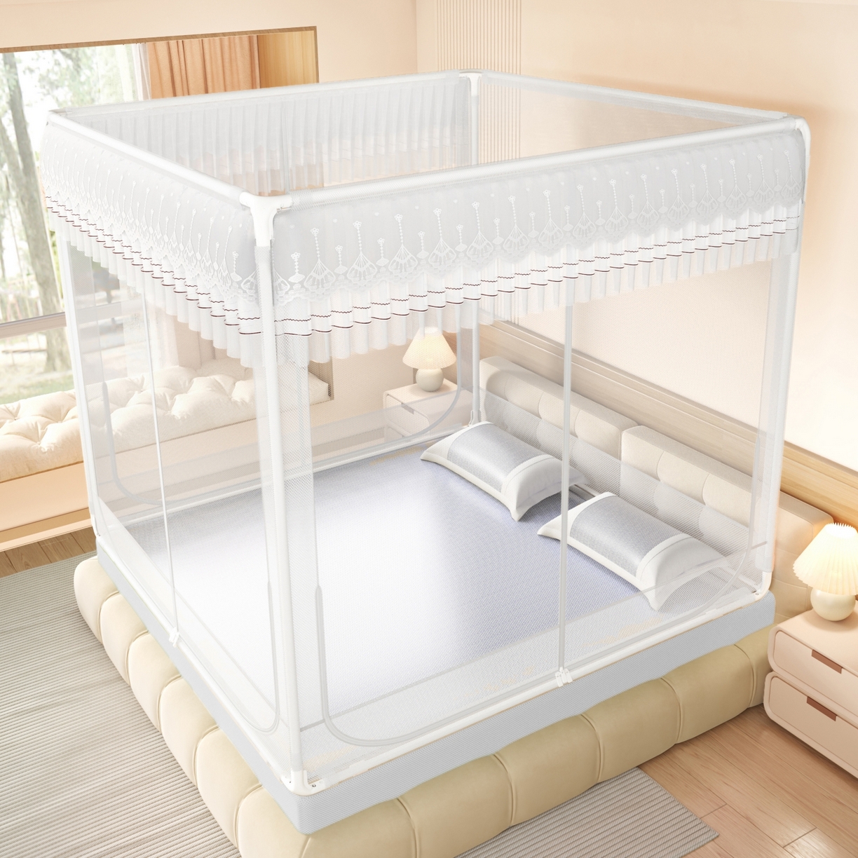 91家纺网 家纺一手货源 找家纺 艺利轩蚊帐 2026新款双层花边三开门坐床蚊帐 浅海之梦-优雅白