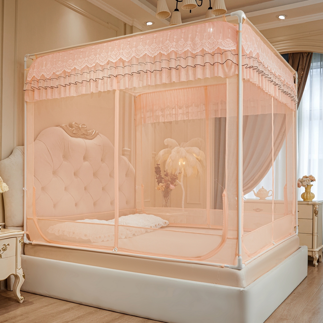 91家纺网 家纺一手货源 找家纺 艺利轩蚊帐 2026新款双层花边三开门坐床蚊帐 浅海之梦-玉色