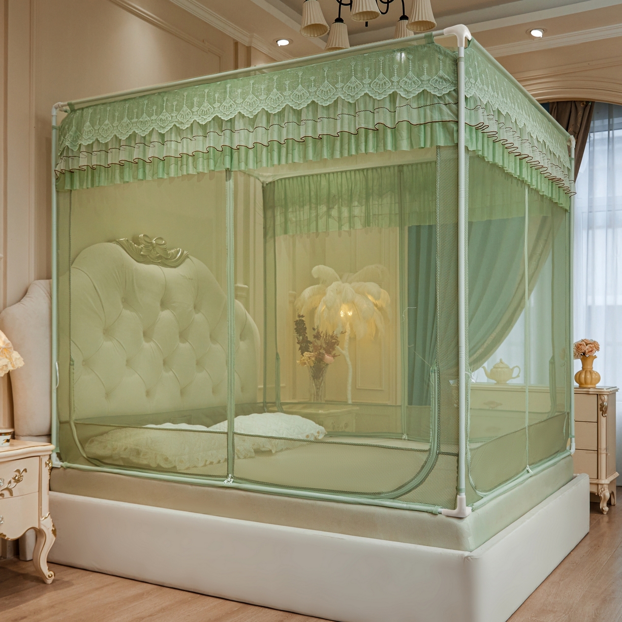91家纺网 家纺一手货源 找家纺 艺利轩蚊帐 2026新款双层花边三开门坐床蚊帐 浅海之梦-绿色