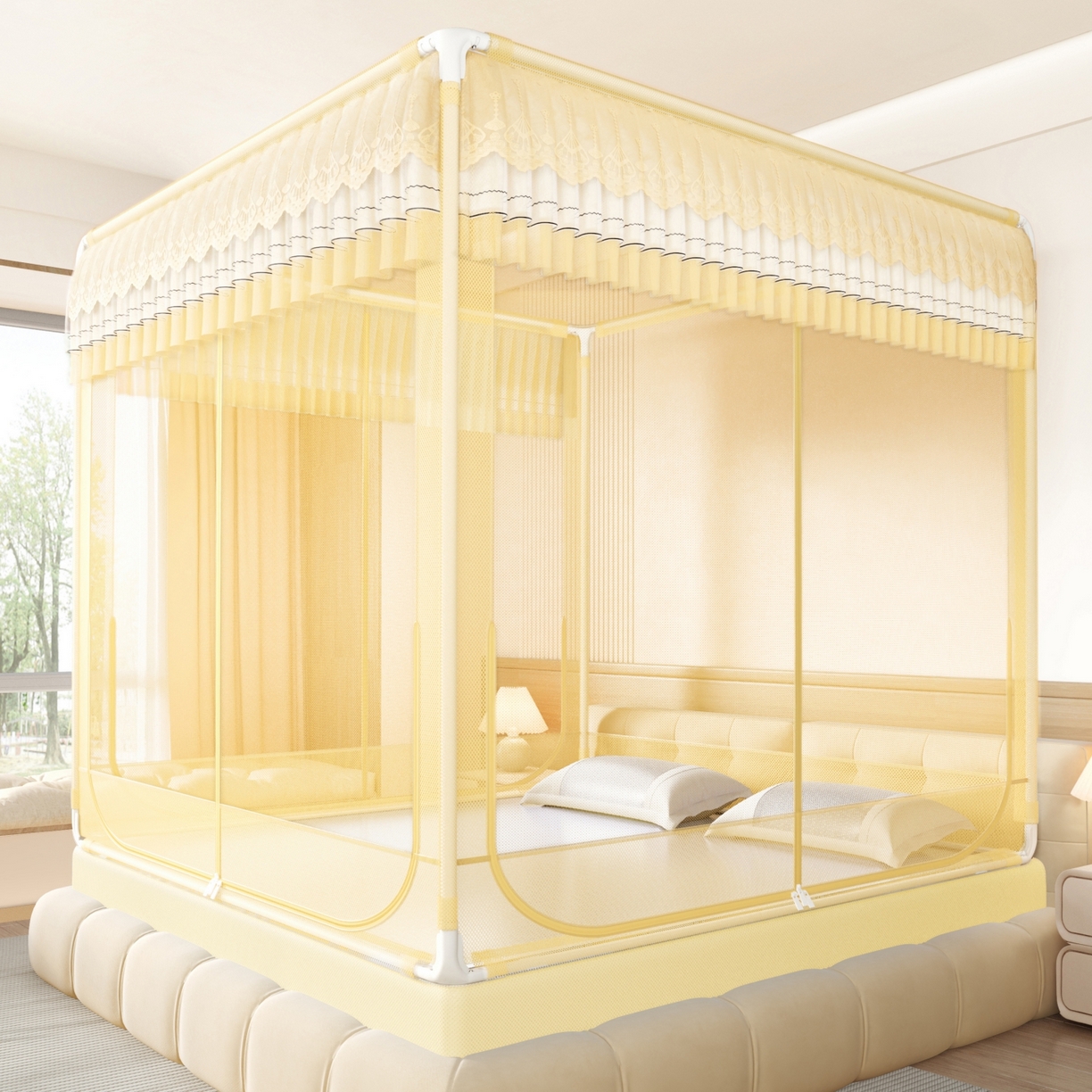 91家纺网 家纺一手货源 找家纺 艺利轩蚊帐 2026新款双层花边三开门坐床蚊帐 浅海之梦-柠檬黄