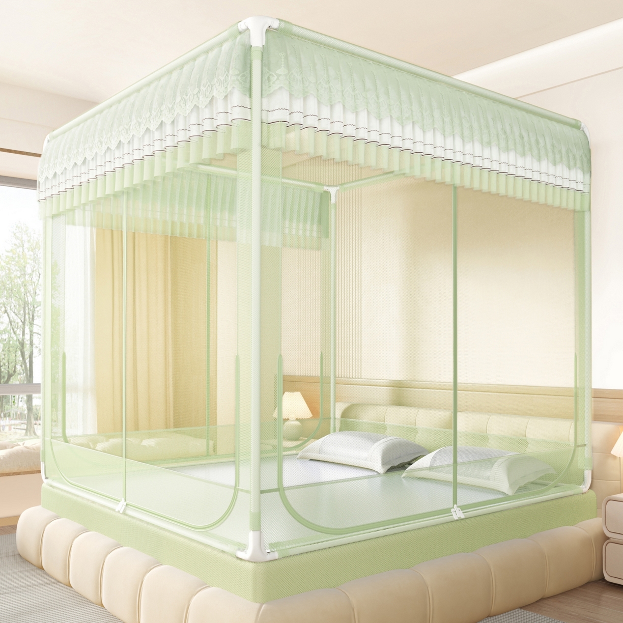 91家纺网 家纺一手货源 找家纺 艺利轩蚊帐 2026新款双层花边三开门坐床蚊帐 浅海之梦-绿色