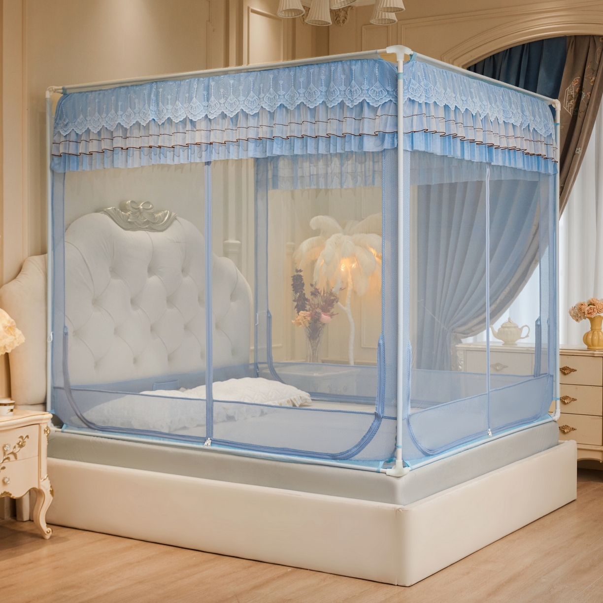 91家纺网 家纺一手货源 找家纺 艺利轩蚊帐 2026新款双层花边三开门坐床蚊帐 浅海之梦-蓝色