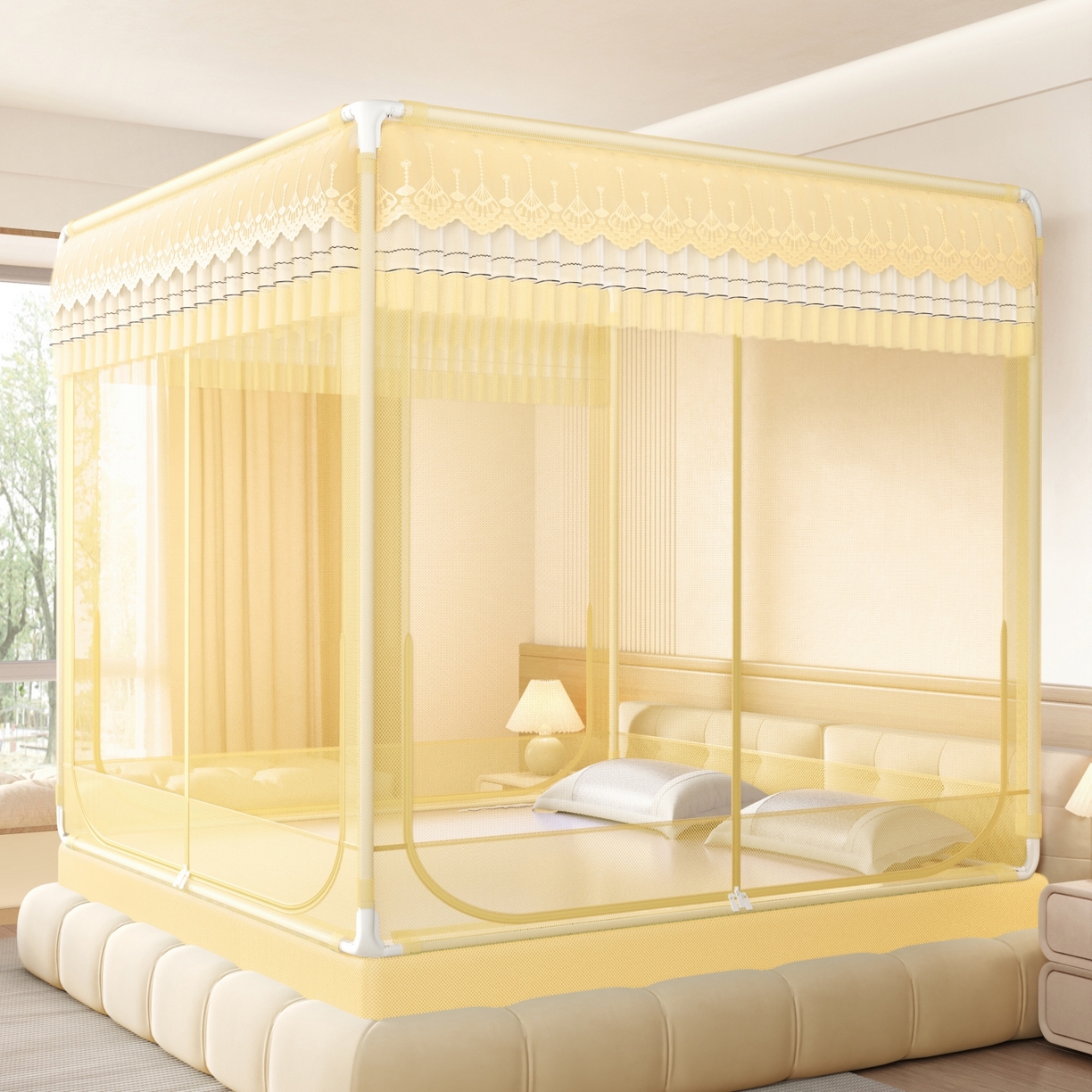 91家纺网 家纺一手货源 找家纺 艺利轩蚊帐 2026新款双层花边三开门坐床蚊帐 浅海之梦-柠檬黄