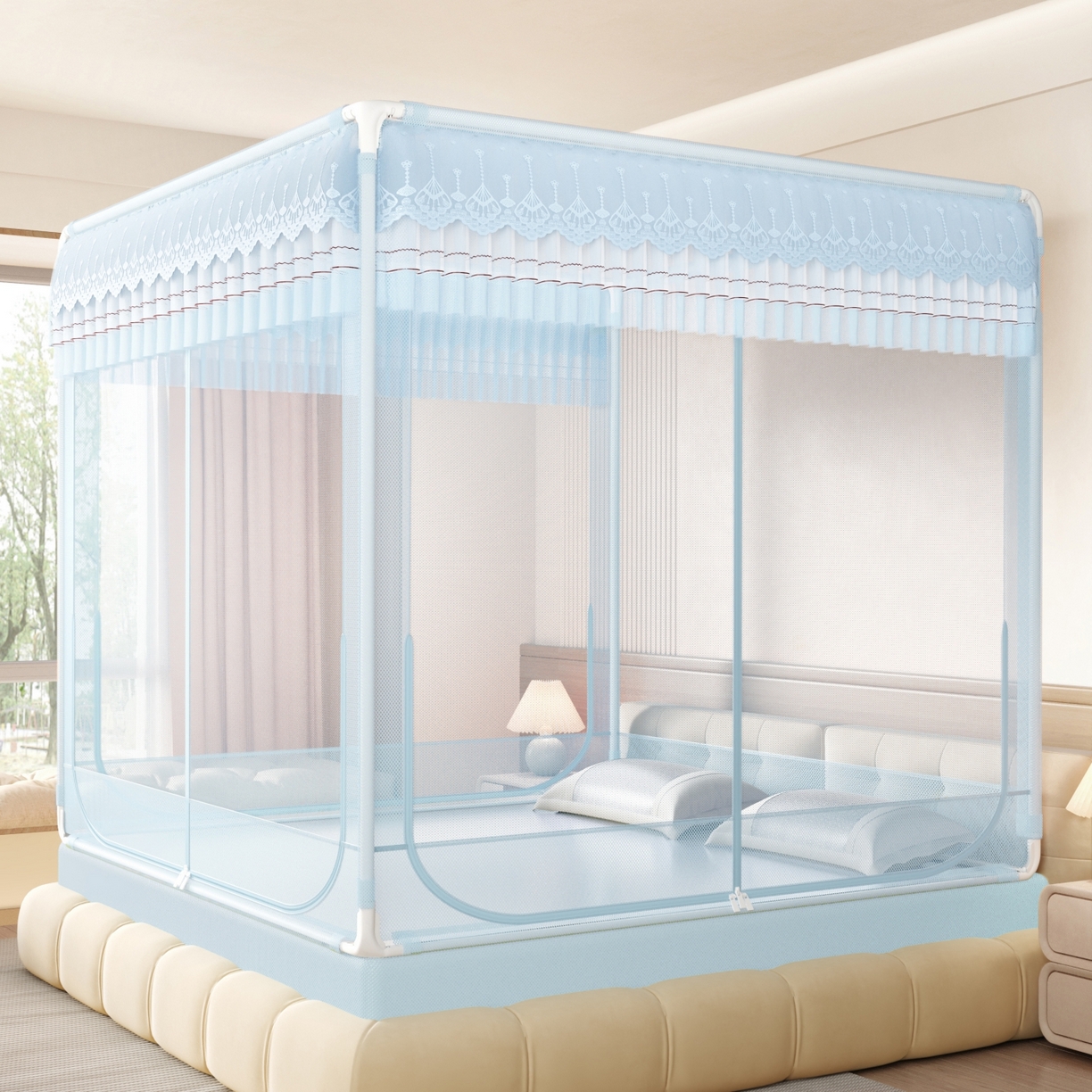 91家纺网 家纺一手货源 找家纺 艺利轩蚊帐 2026新款双层花边三开门坐床蚊帐 浅海之梦-蓝色