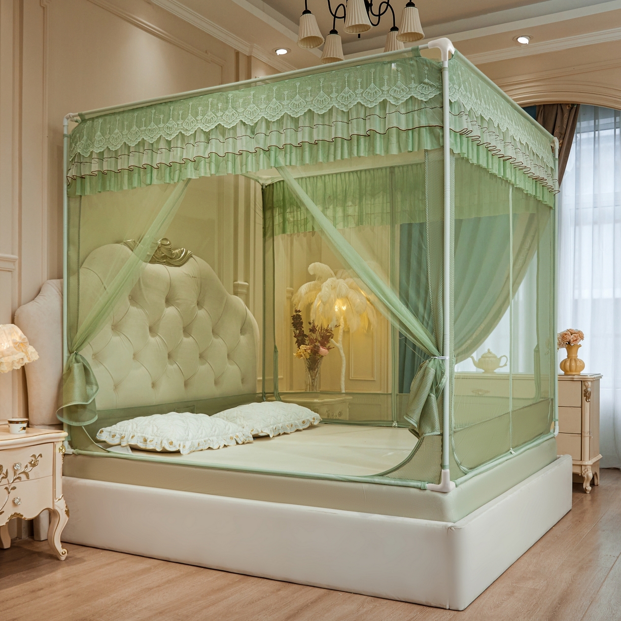 91家纺网 家纺一手货源 找家纺 艺利轩蚊帐 2026新款双层花边三开门坐床蚊帐 浅海之梦-绿色