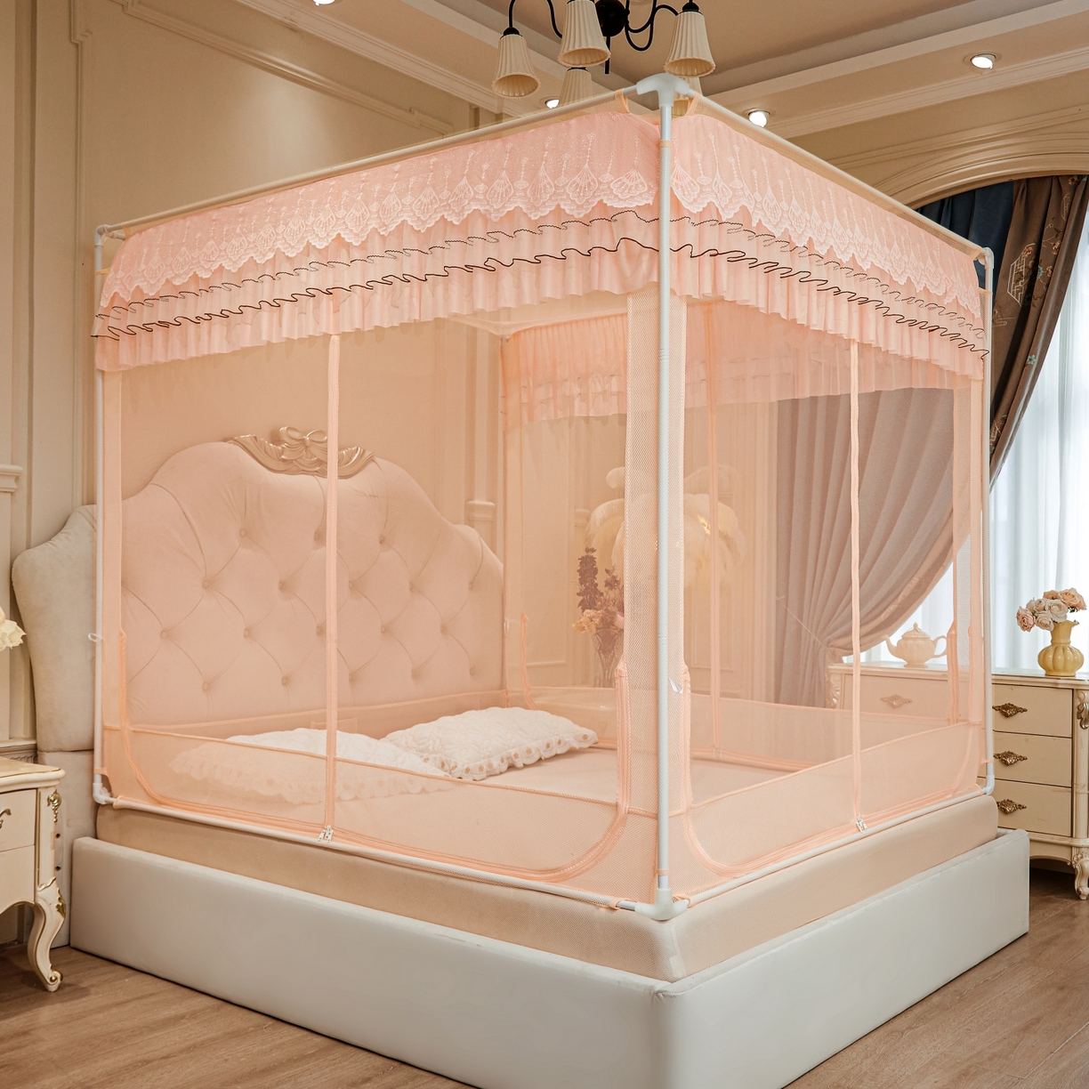 91家纺网 家纺一手货源 找家纺 艺利轩蚊帐 2026新款双层花边三开门坐床蚊帐 浅海之梦-玉色