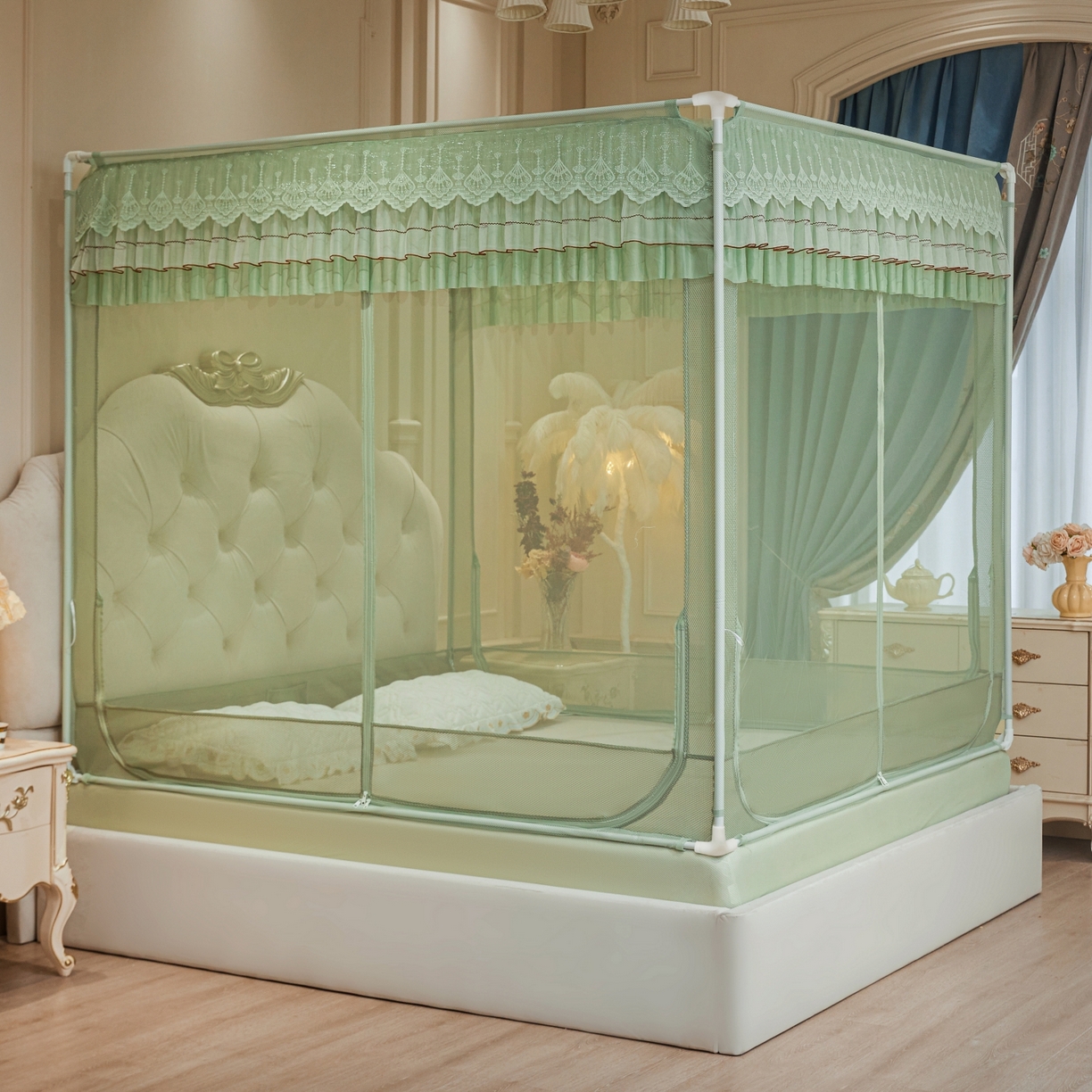 91家纺网 家纺一手货源 找家纺 艺利轩蚊帐 2026新款双层花边三开门坐床蚊帐 浅海之梦-绿色