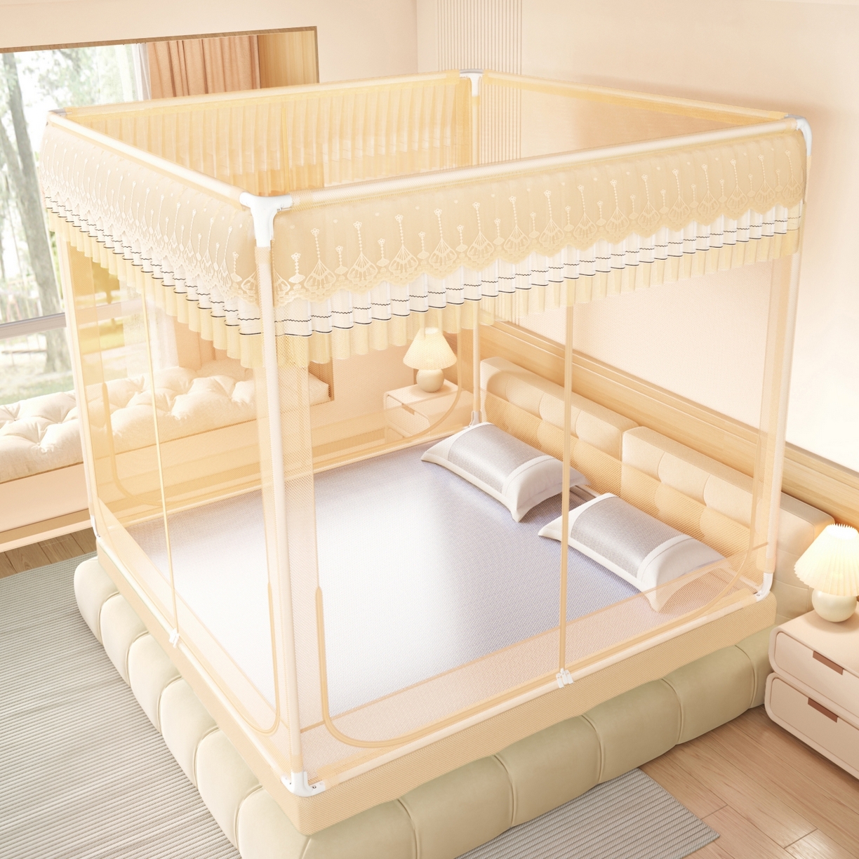 91家纺网 家纺一手货源 找家纺 艺利轩蚊帐 2026新款双层花边三开门坐床蚊帐 浅海之梦-香槟色