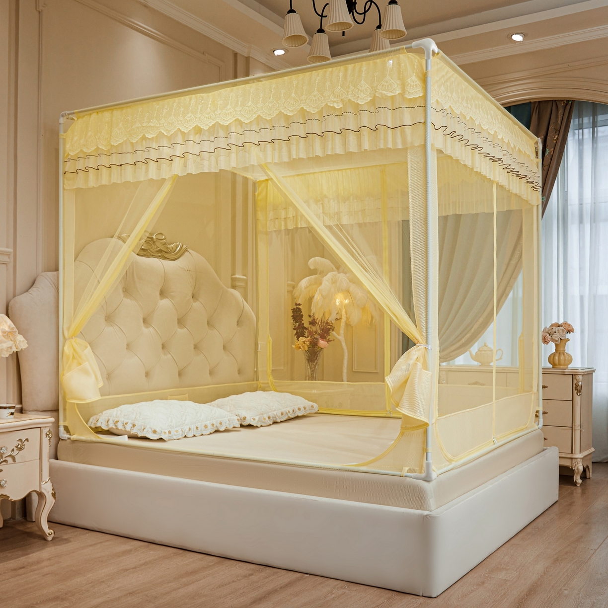 91家纺网 家纺一手货源 找家纺 艺利轩蚊帐 2026新款双层花边三开门坐床蚊帐 浅海之梦-柠檬黄