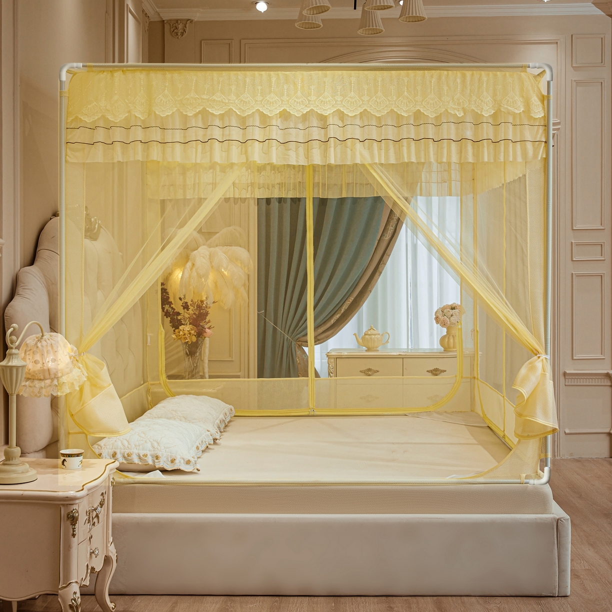 91家纺网 家纺一手货源 找家纺 艺利轩蚊帐 2026新款双层花边三开门坐床蚊帐 浅海之梦-柠檬黄