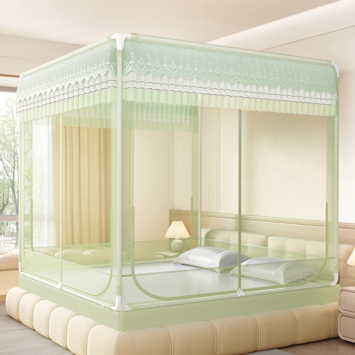 91家纺网 家纺一手货源 找家纺 艺利轩蚊帐 2026新款双层花边三开门坐床蚊帐 浅海之梦-绿色