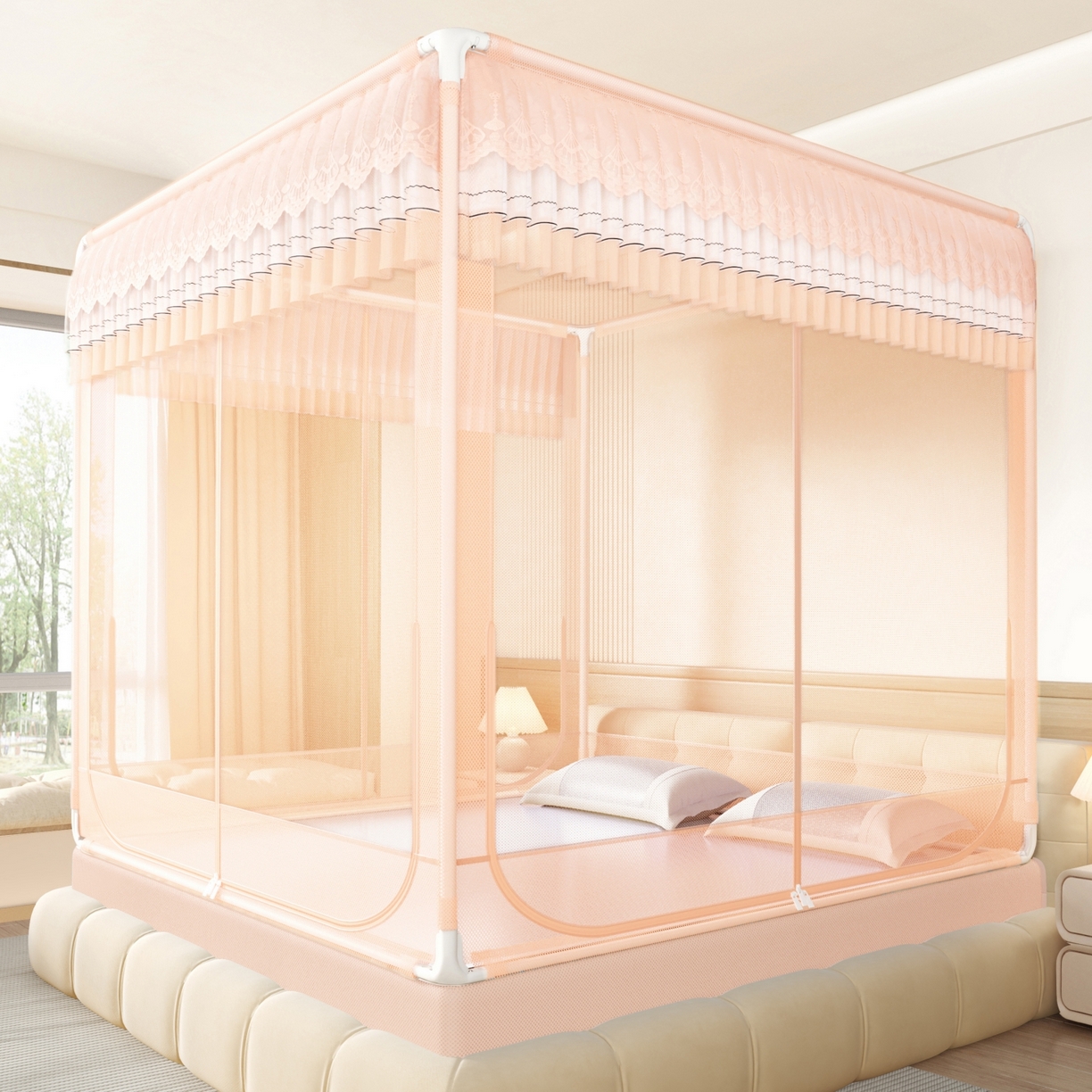 91家纺网 家纺一手货源 找家纺 艺利轩蚊帐 2026新款双层花边三开门坐床蚊帐 浅海之梦-玉色