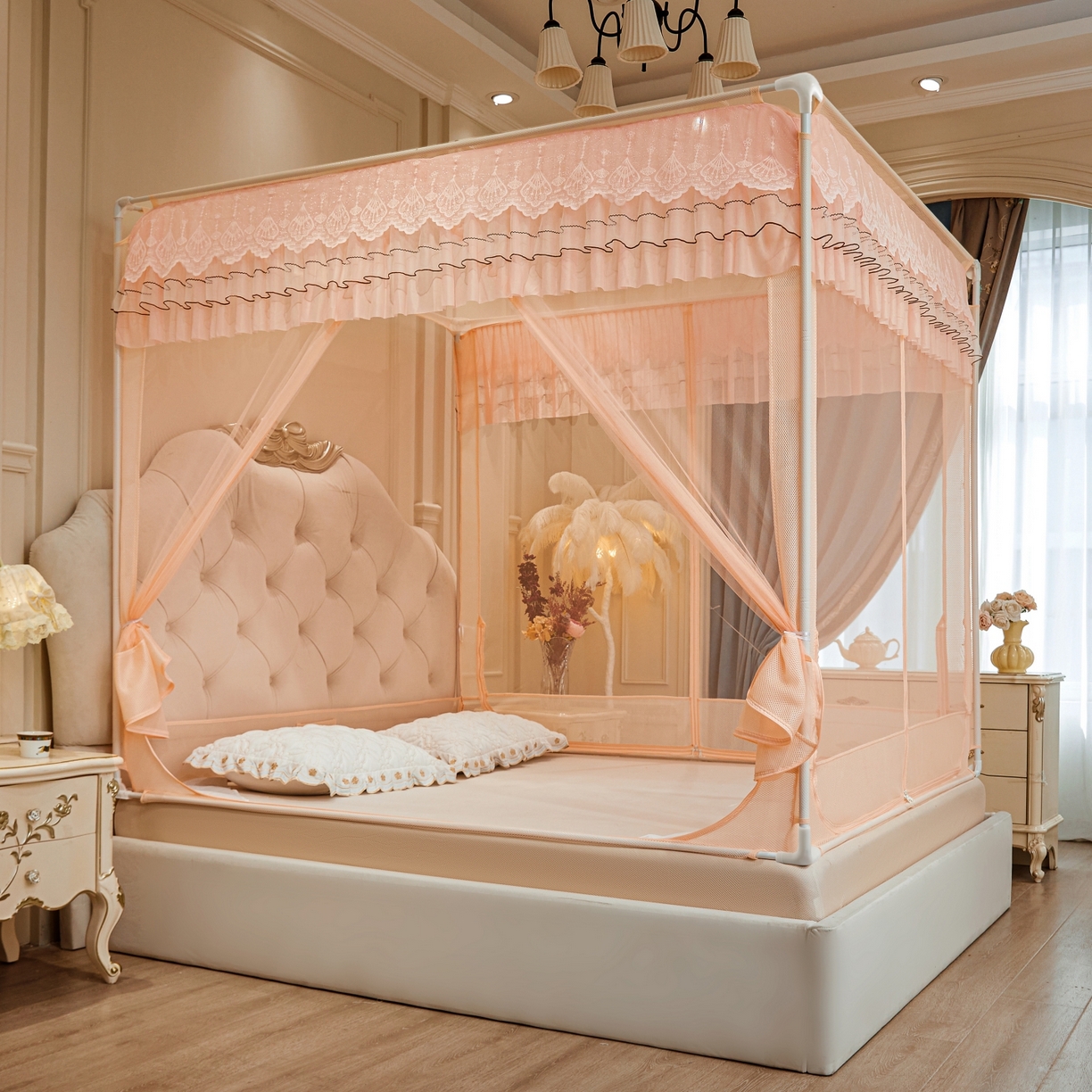 91家纺网 家纺一手货源 找家纺 艺利轩蚊帐 2026新款双层花边三开门坐床蚊帐 浅海之梦-玉色