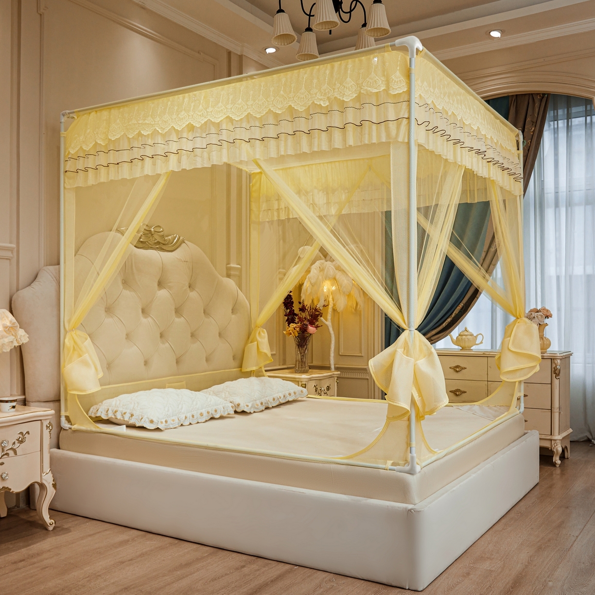 91家纺网 家纺一手货源 找家纺 艺利轩蚊帐 2026新款双层花边三开门坐床蚊帐 浅海之梦-柠檬黄