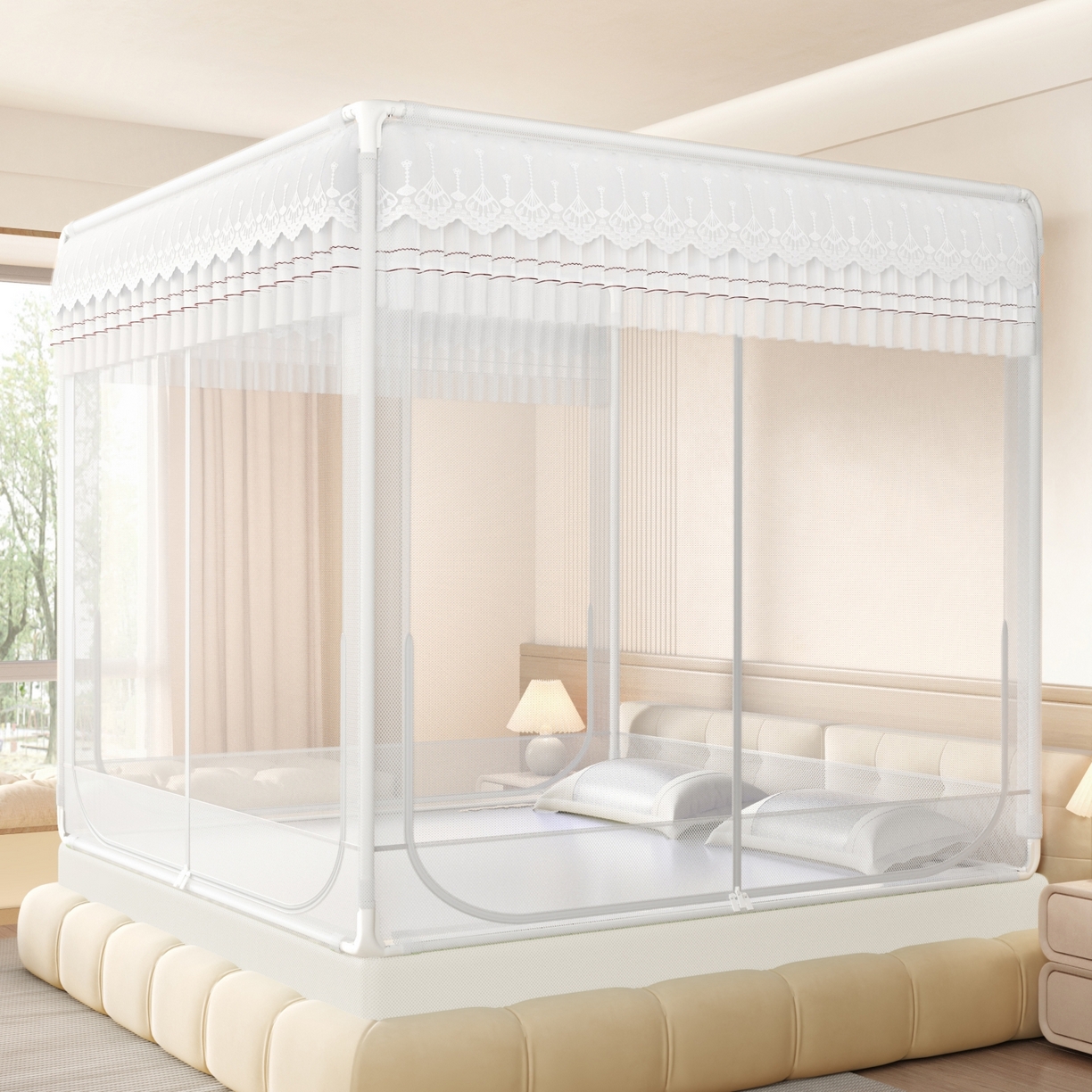 91家纺网 家纺一手货源 找家纺 艺利轩蚊帐 2026新款双层花边三开门坐床蚊帐 浅海之梦-优雅白