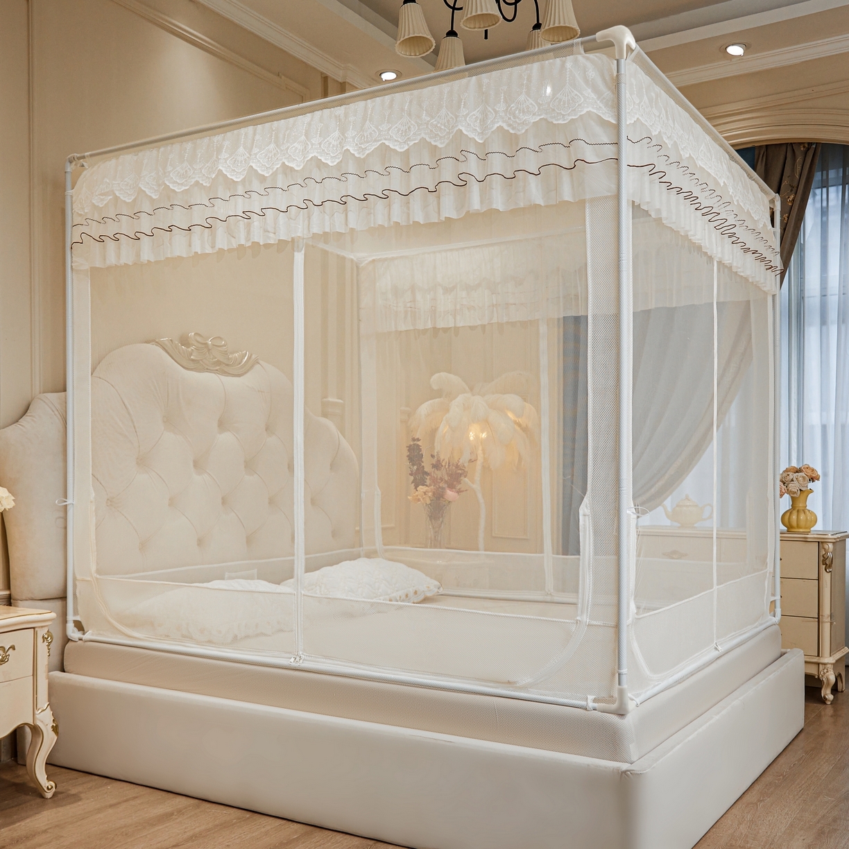 艺利轩蚊帐 2026新款双层花边三开门坐床蚊帐 浅海之梦-优雅白