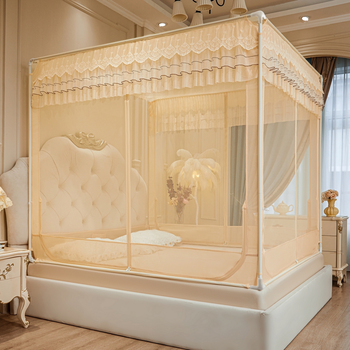 91家纺网 家纺一手货源 找家纺 艺利轩蚊帐 2026新款双层花边三开门坐床蚊帐 浅海之梦-香槟色