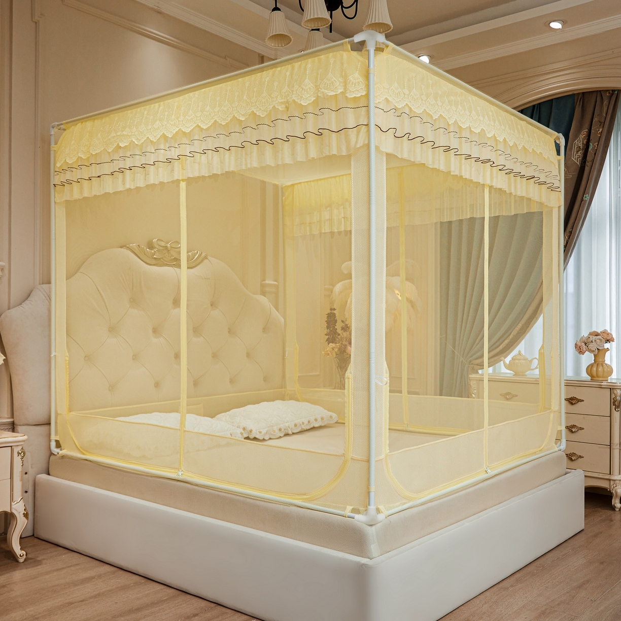 91家纺网 家纺一手货源 找家纺 艺利轩蚊帐 2026新款双层花边三开门坐床蚊帐 浅海之梦-柠檬黄