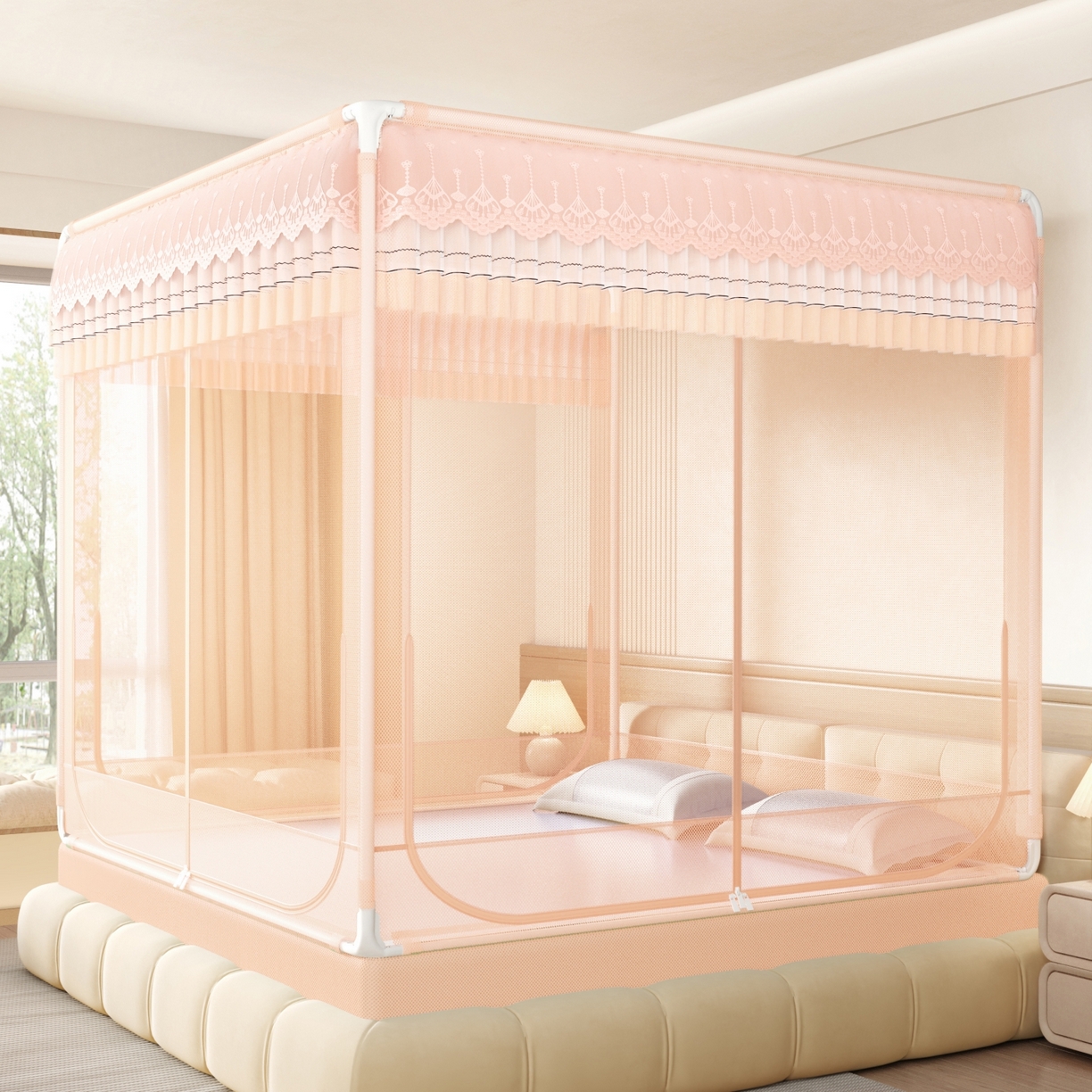 91家纺网 家纺一手货源 找家纺 艺利轩蚊帐 2026新款双层花边三开门坐床蚊帐 浅海之梦-玉色