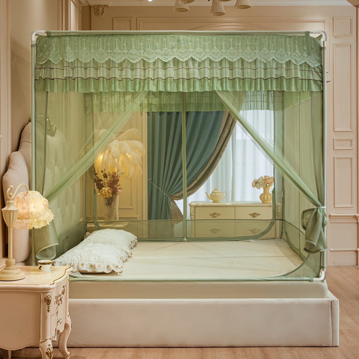 91家纺网 家纺一手货源 找家纺 艺利轩蚊帐 2026新款双层花边三开门坐床蚊帐 浅海之梦-绿色