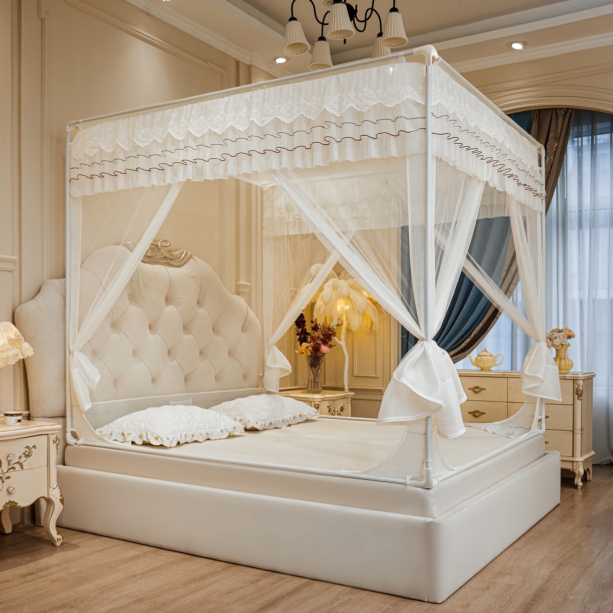 91家纺网 家纺一手货源 找家纺 艺利轩蚊帐 2026新款双层花边三开门坐床蚊帐 浅海之梦-优雅白