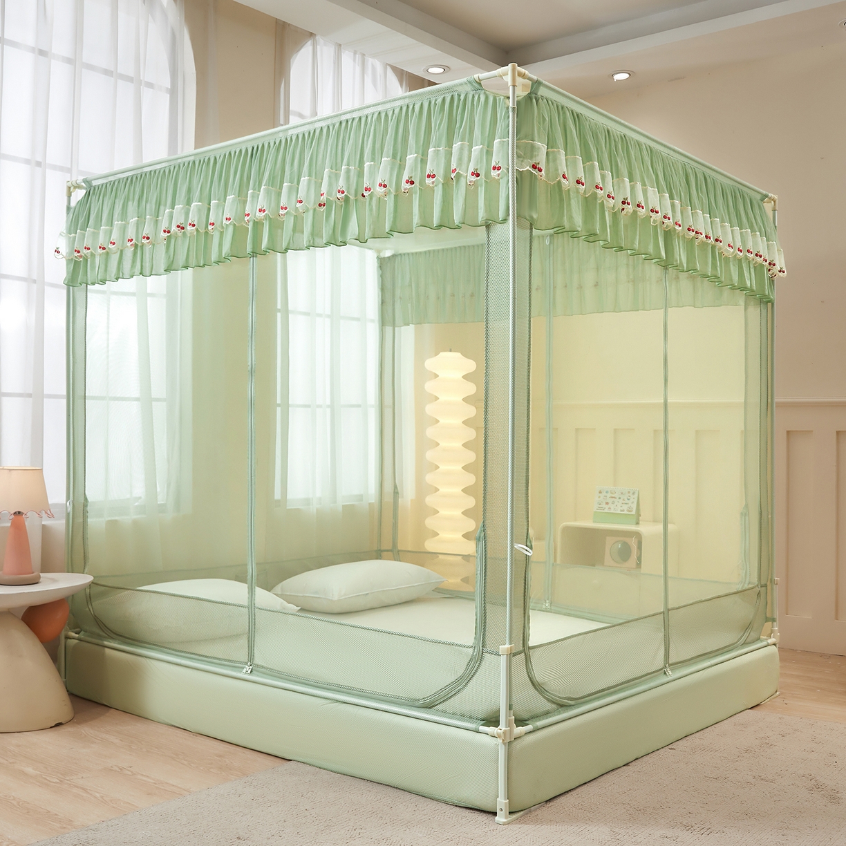 91家纺网 家纺一手货源 找家纺 艺利轩蚊帐 2026新款樱桃三开门坐床蚊帐 樱桃-橄榄绿