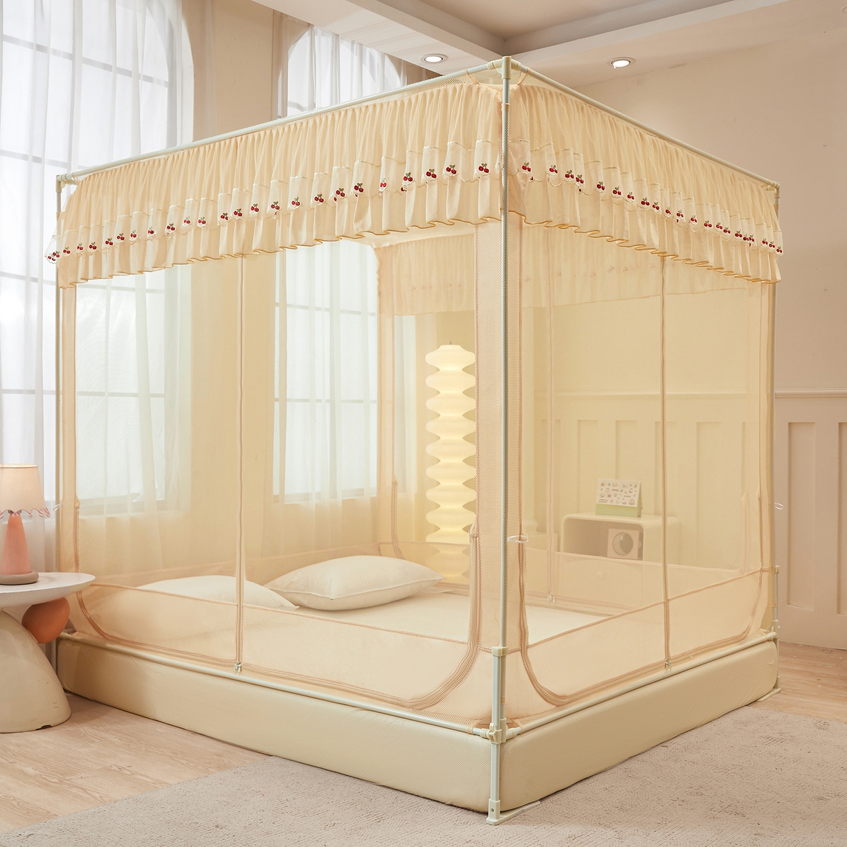 艺利轩蚊帐 2026新款樱桃三开门坐床蚊帐 樱桃-香槟色
