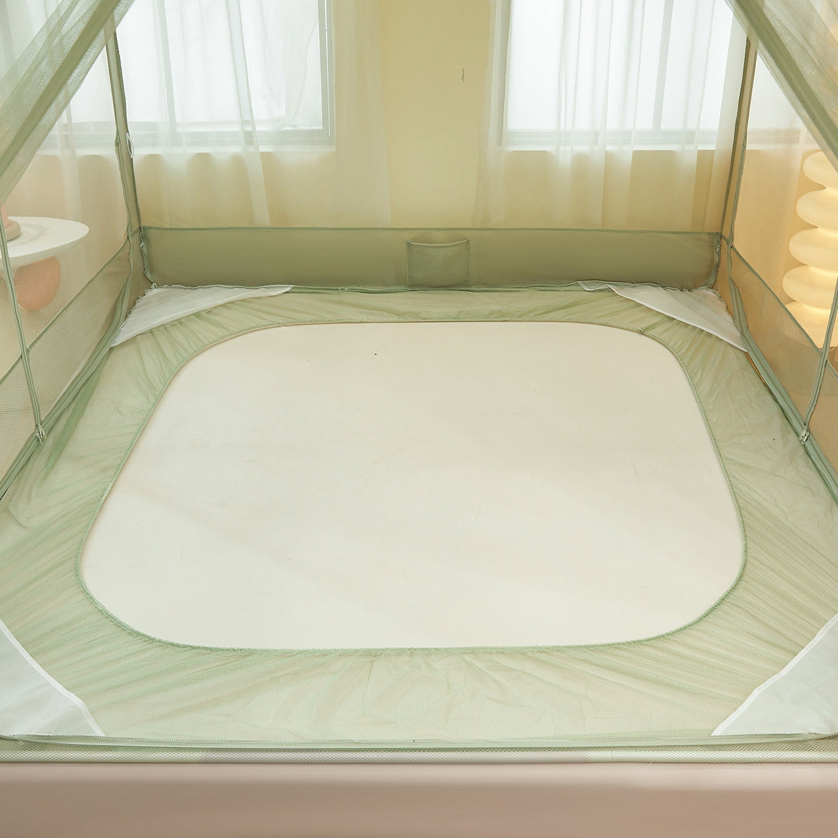91家纺网 家纺一手货源 找家纺 艺利轩蚊帐 2026新款樱桃三开门坐床蚊帐 樱桃-橄榄绿