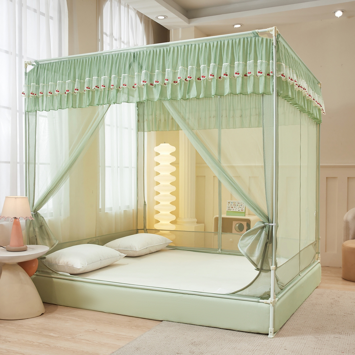 91家纺网 家纺一手货源 找家纺 艺利轩蚊帐 2026新款樱桃三开门坐床蚊帐 樱桃-橄榄绿