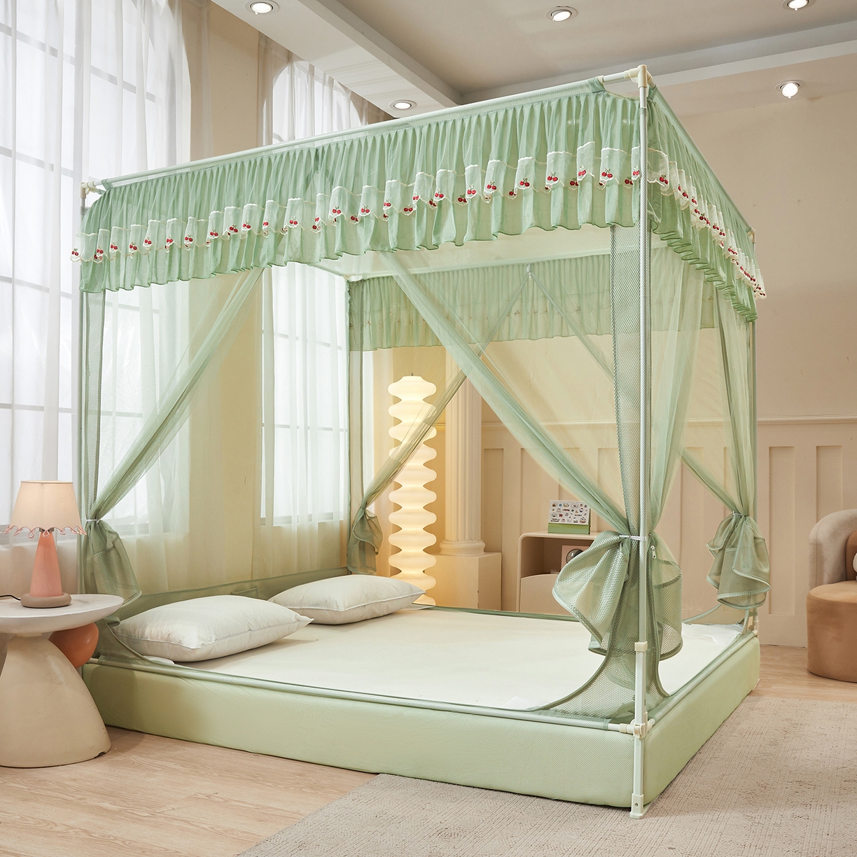 91家纺网 家纺一手货源 找家纺 艺利轩蚊帐 2026新款樱桃三开门坐床蚊帐 樱桃-橄榄绿