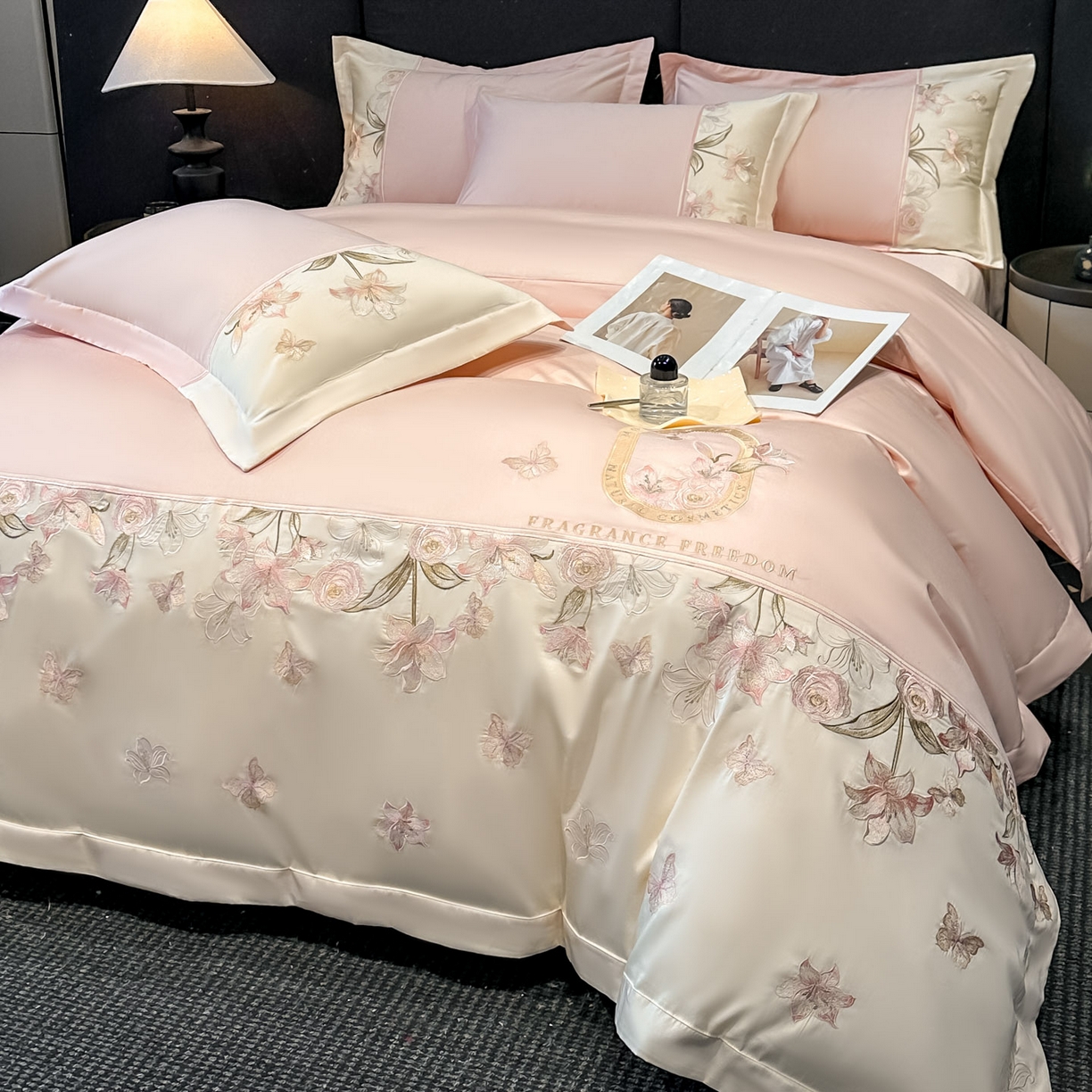 91家纺网 家纺一手货源 找家纺 欧乐蒂 2026新款亲肤棉刺绣四件套-花语 花语-颜粉