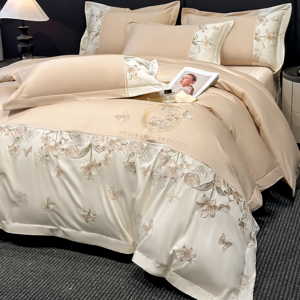 91家纺网 家纺一手货源 找家纺 欧乐蒂 2026新款亲肤棉刺绣四件套-花语 花语-奶咖