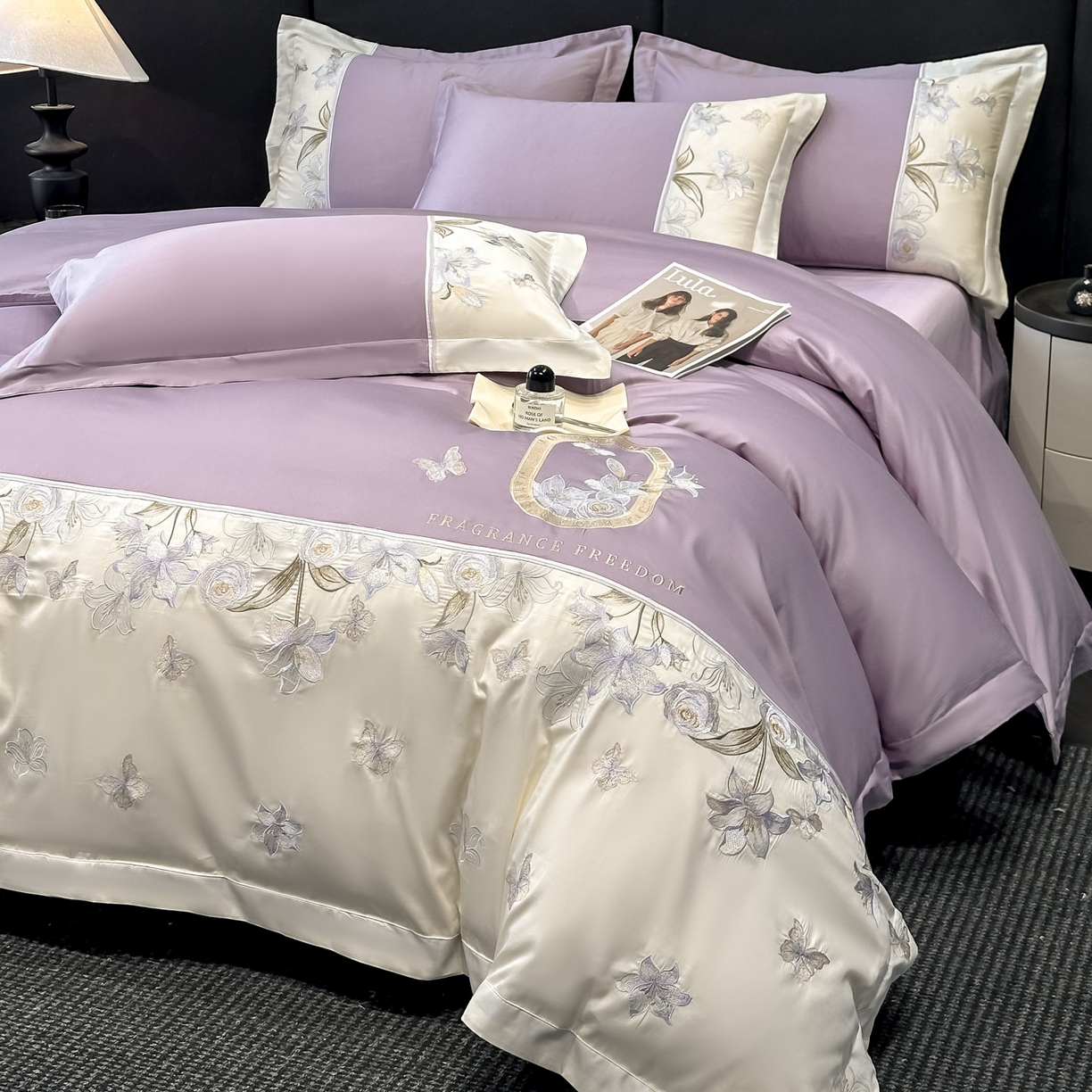 91家纺网 家纺一手货源 找家纺 欧乐蒂 2026新款亲肤棉刺绣四件套-花语 花语-黛紫