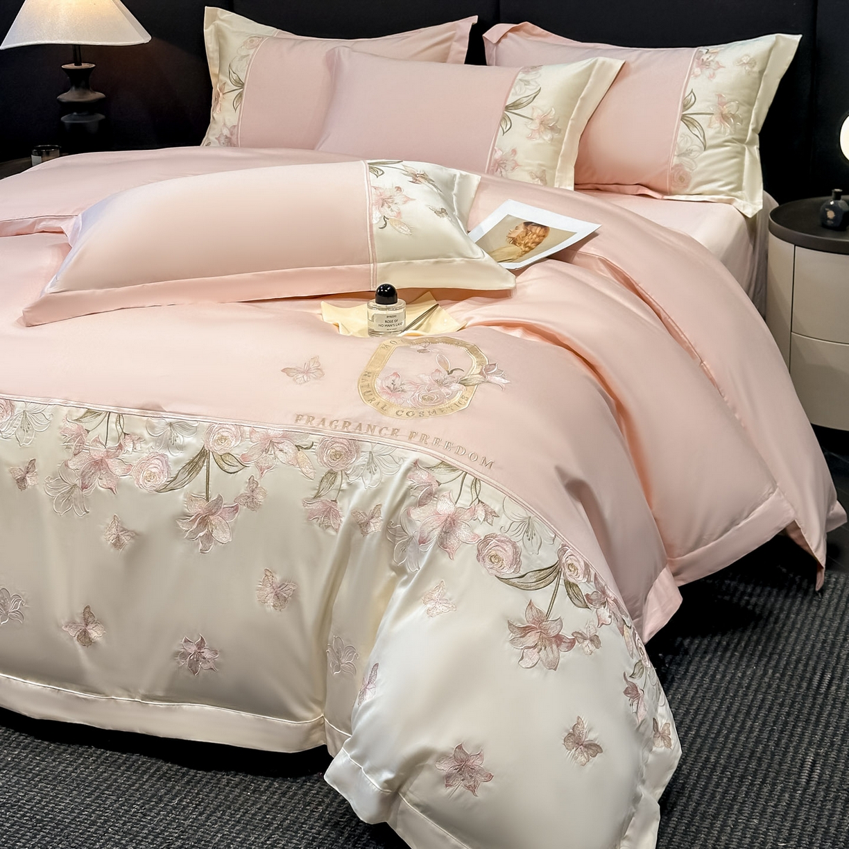 91家纺网 家纺一手货源 找家纺 欧乐蒂 2026新款亲肤棉刺绣四件套-花语 花语-颜粉