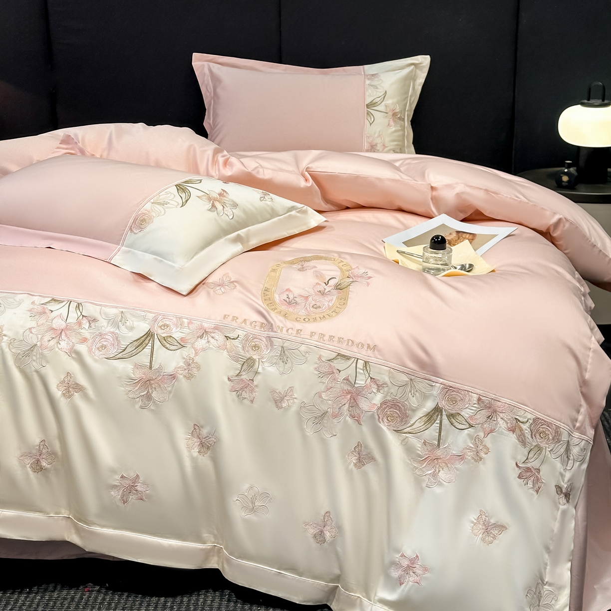 91家纺网 家纺一手货源 找家纺 欧乐蒂 2026新款亲肤棉刺绣四件套-花语 花语-颜粉