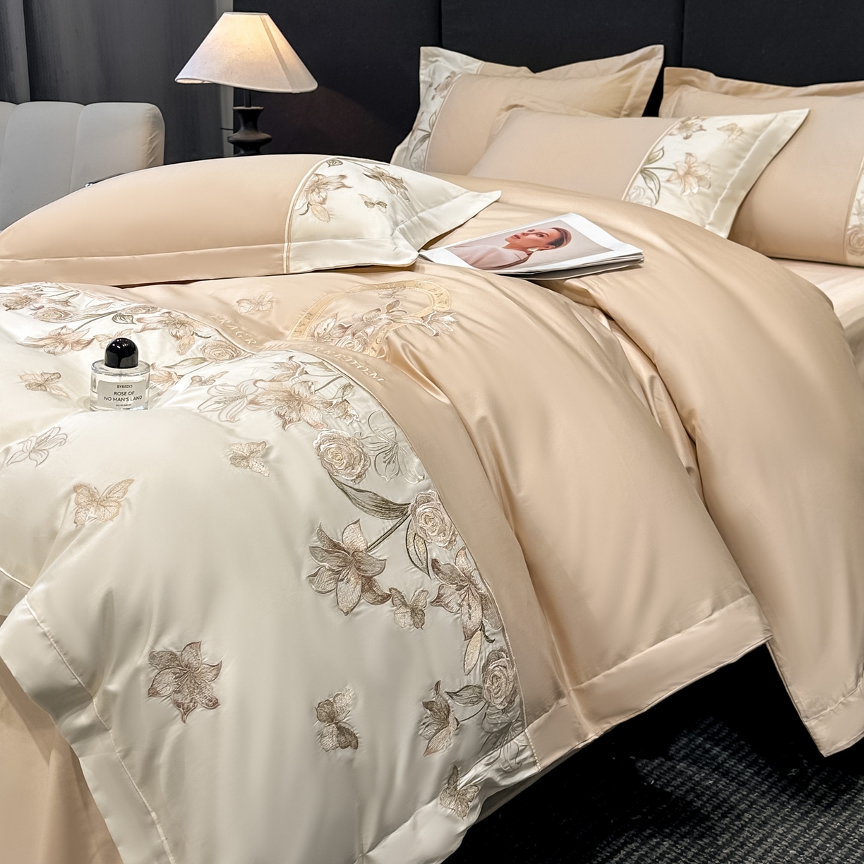 91家纺网 家纺一手货源 找家纺 欧乐蒂 2026新款亲肤棉刺绣四件套-花语 花语-奶咖