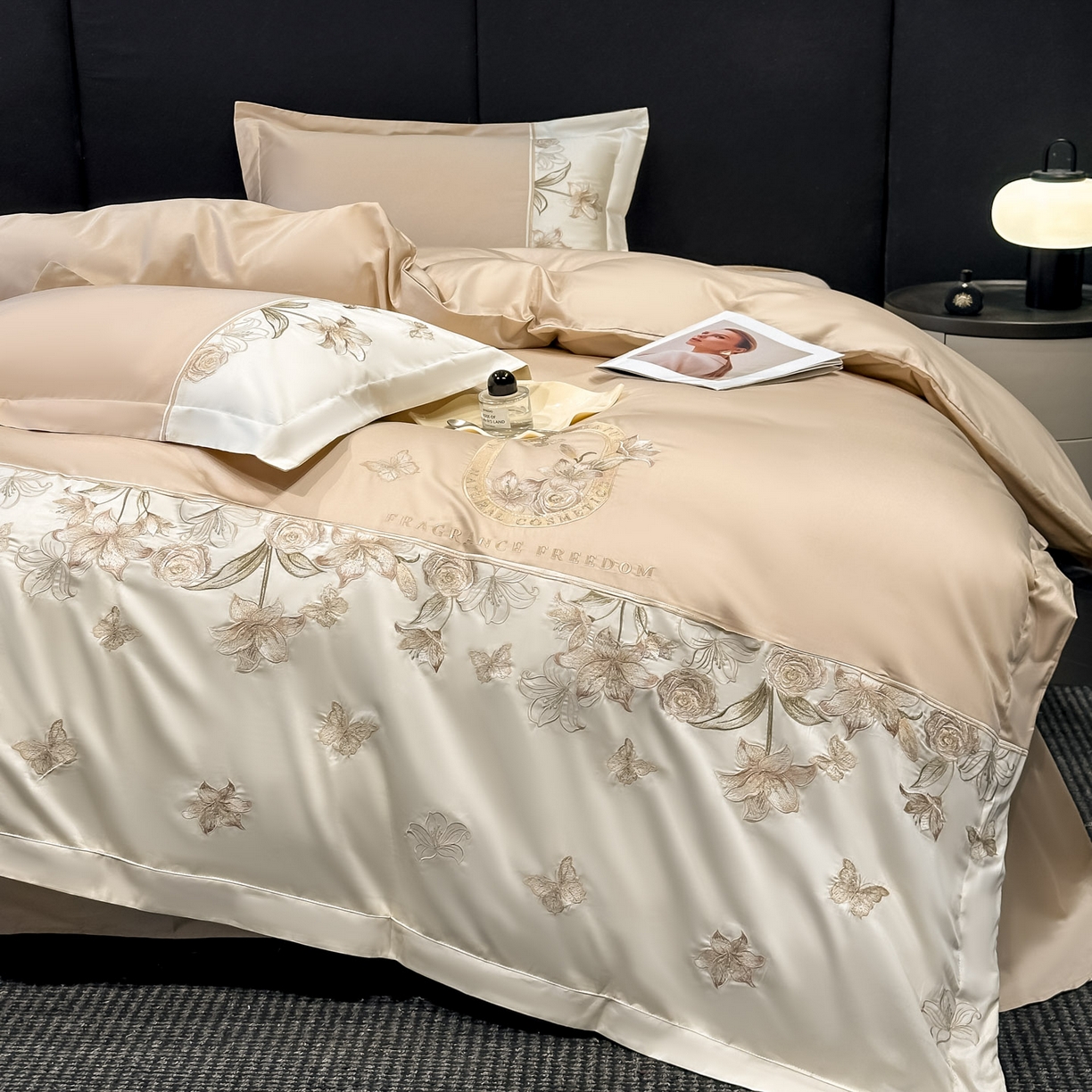 91家纺网 家纺一手货源 找家纺 欧乐蒂 2026新款亲肤棉刺绣四件套-花语 花语-奶咖