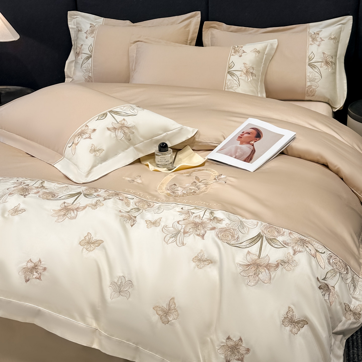 91家纺网 家纺一手货源 找家纺 欧乐蒂 2026新款亲肤棉刺绣四件套-花语 花语-奶咖