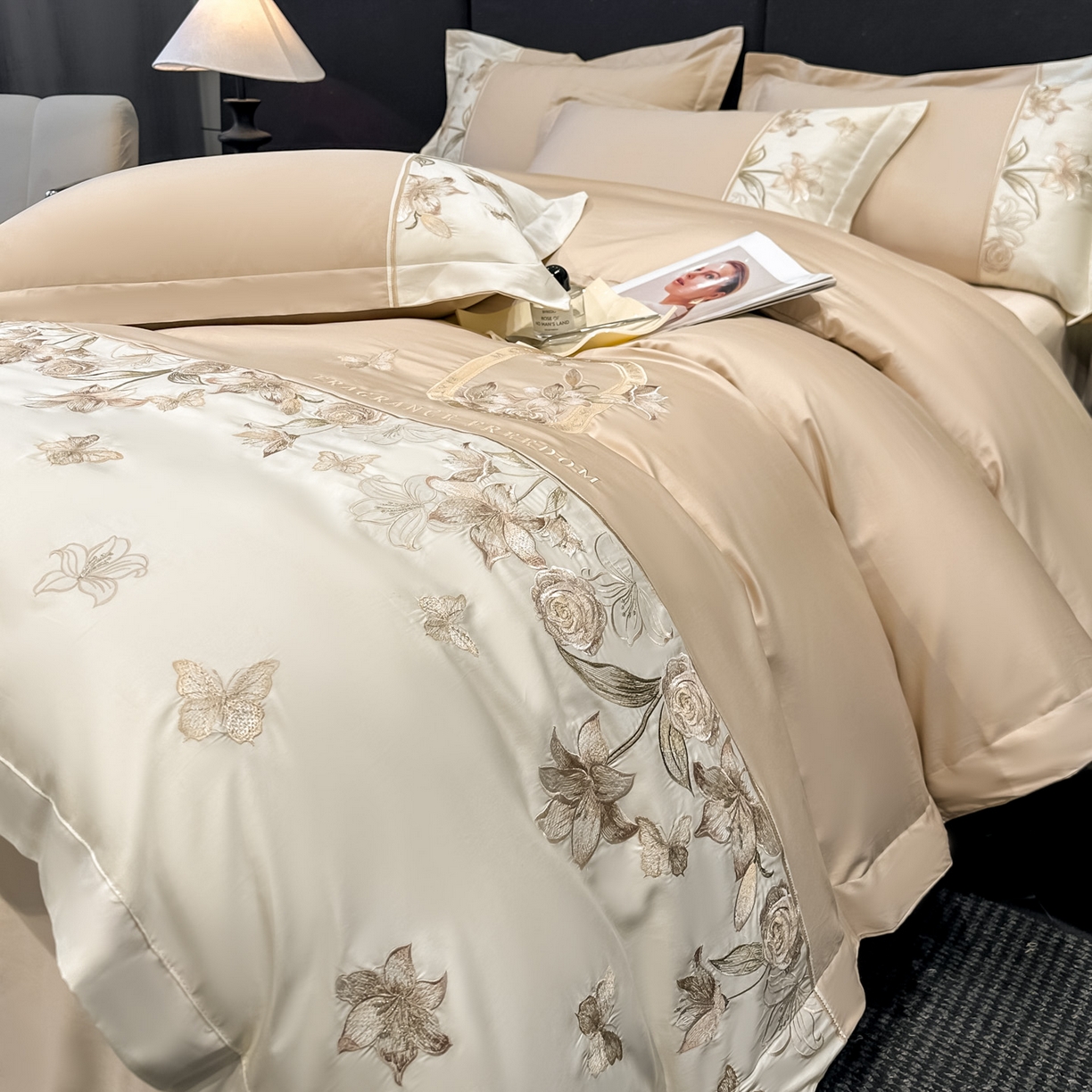 91家纺网 家纺一手货源 找家纺 欧乐蒂 2026新款亲肤棉刺绣四件套-花语 花语-奶咖