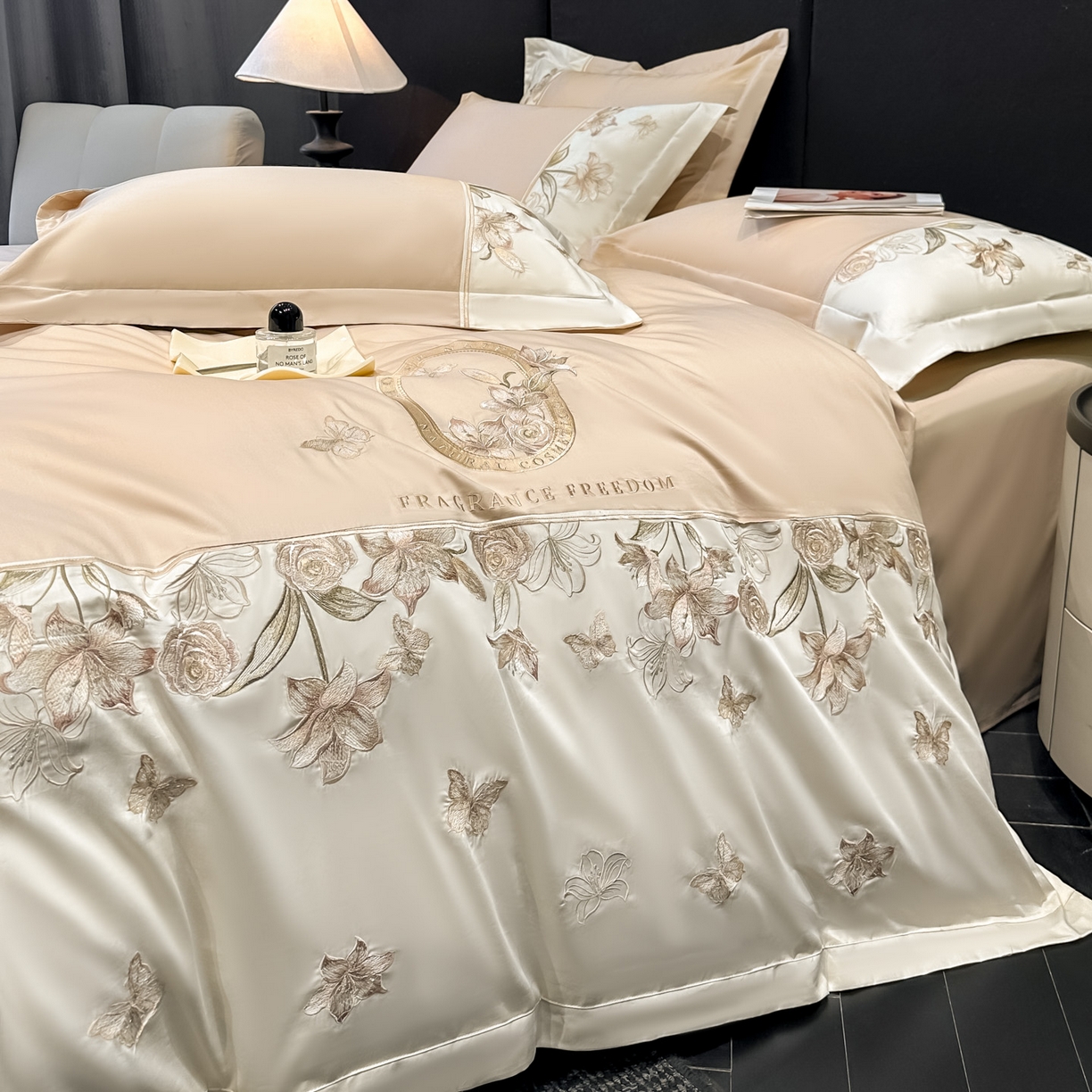 91家纺网 家纺一手货源 找家纺 欧乐蒂 2026新款亲肤棉刺绣四件套-花语 花语-奶咖