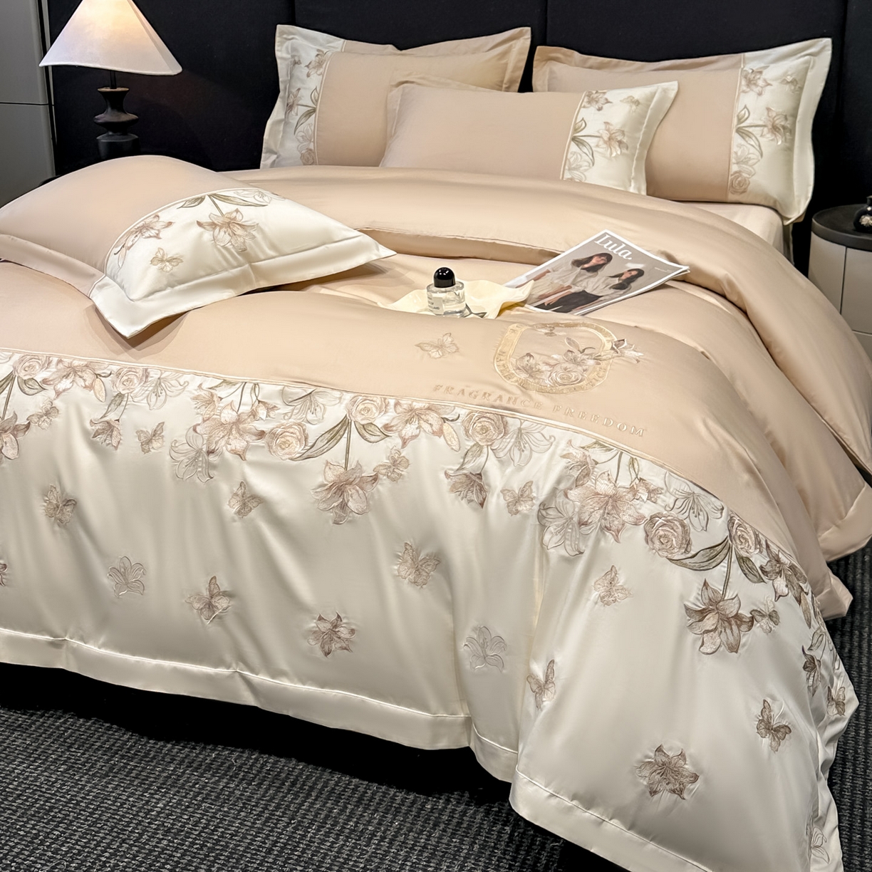 91家纺网 家纺一手货源 找家纺 欧乐蒂 2026新款亲肤棉刺绣四件套-花语 花语-奶咖