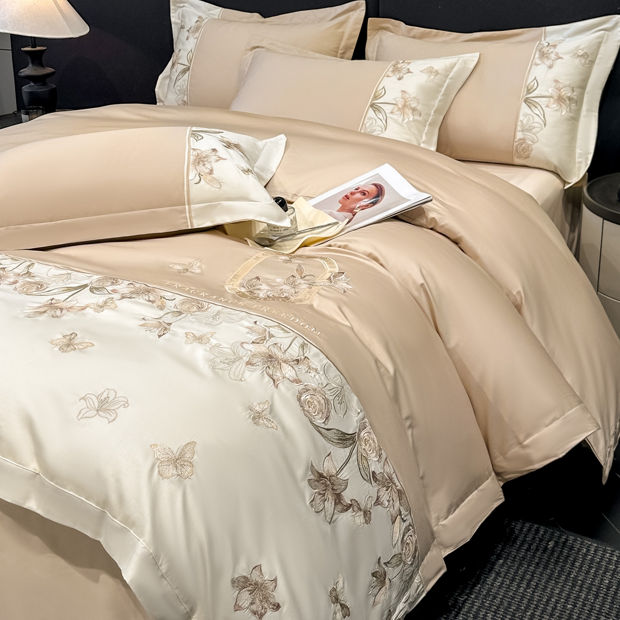 91家纺网 家纺一手货源 找家纺 欧乐蒂 2026新款亲肤棉刺绣四件套-花语 花语-奶咖