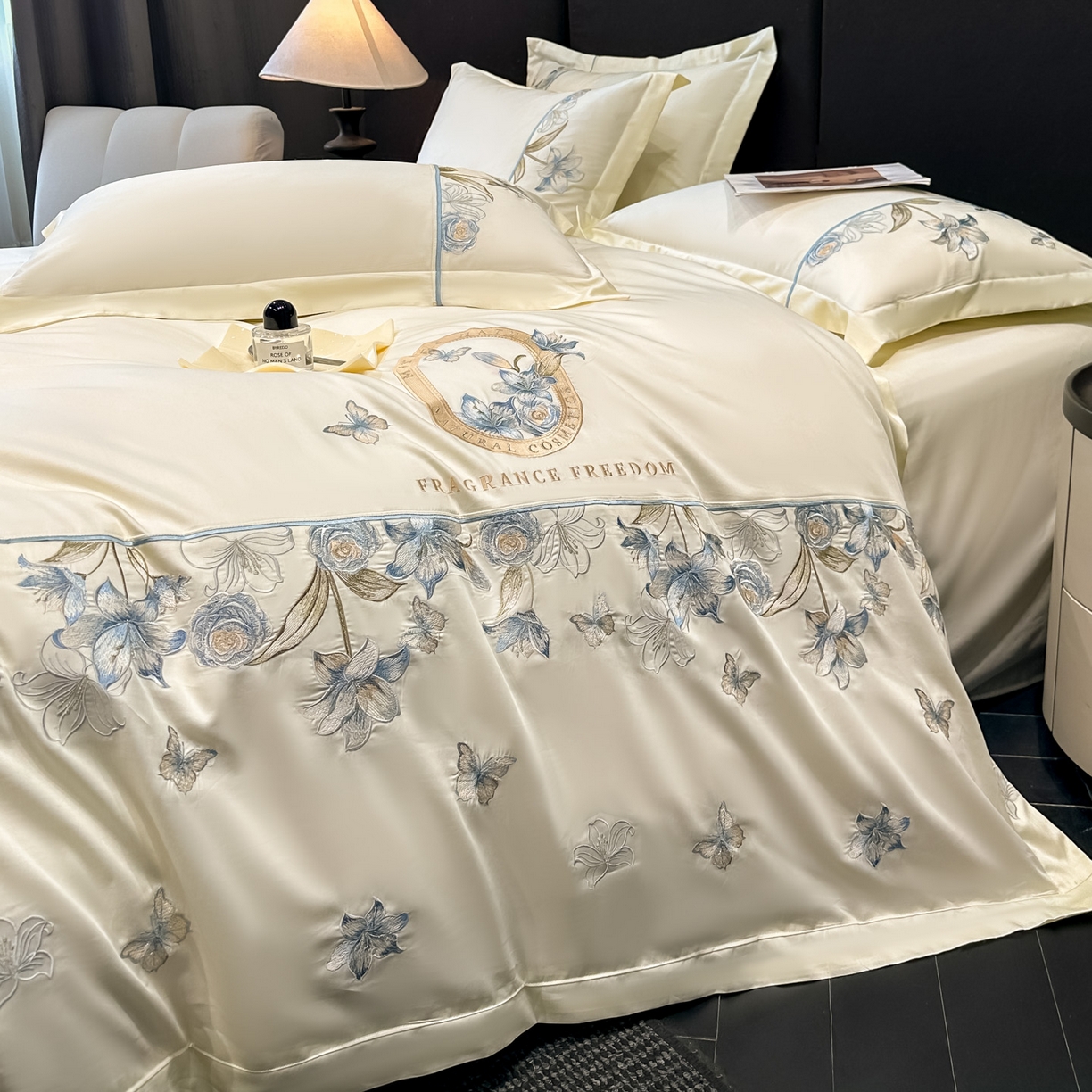 91家纺网 家纺一手货源 找家纺 欧乐蒂 2026新款亲肤棉刺绣四件套-花语 花语-柔白