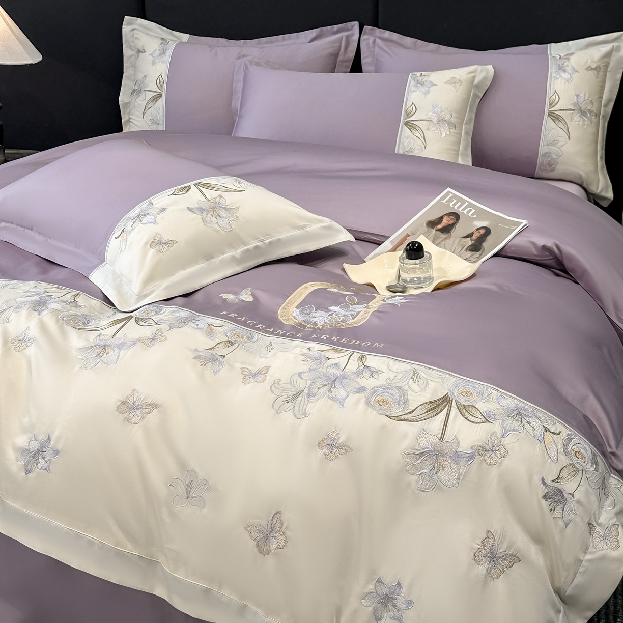 91家纺网 家纺一手货源 找家纺 欧乐蒂 2026新款亲肤棉刺绣四件套-花语 花语-黛紫