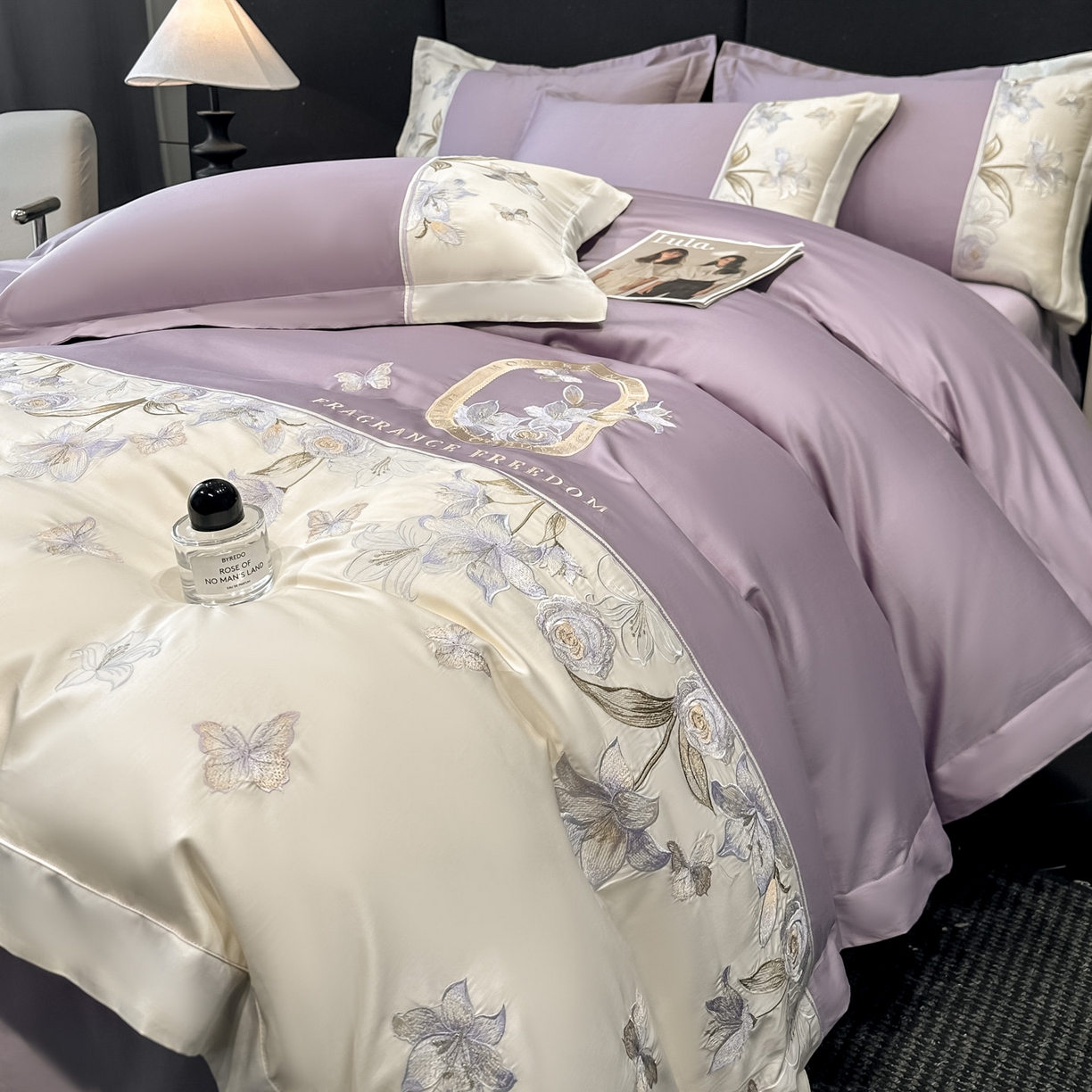 91家纺网 家纺一手货源 找家纺 欧乐蒂 2026新款亲肤棉刺绣四件套-花语 花语-黛紫