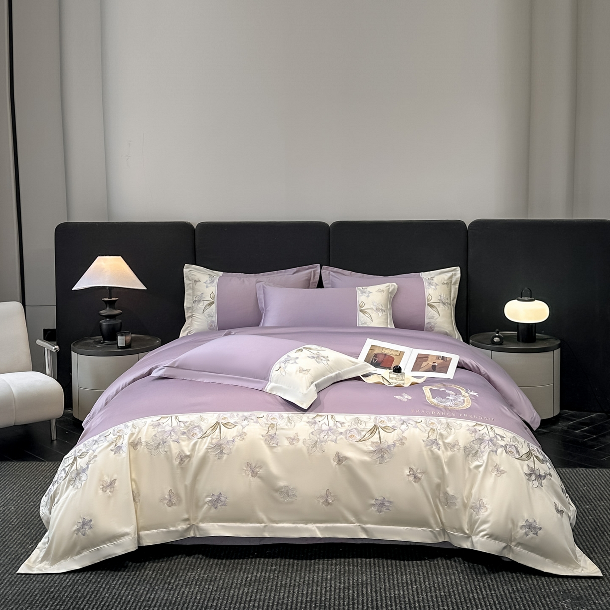 91家纺网 家纺一手货源 找家纺 欧乐蒂 2026新款亲肤棉刺绣四件套-花语 花语-黛紫